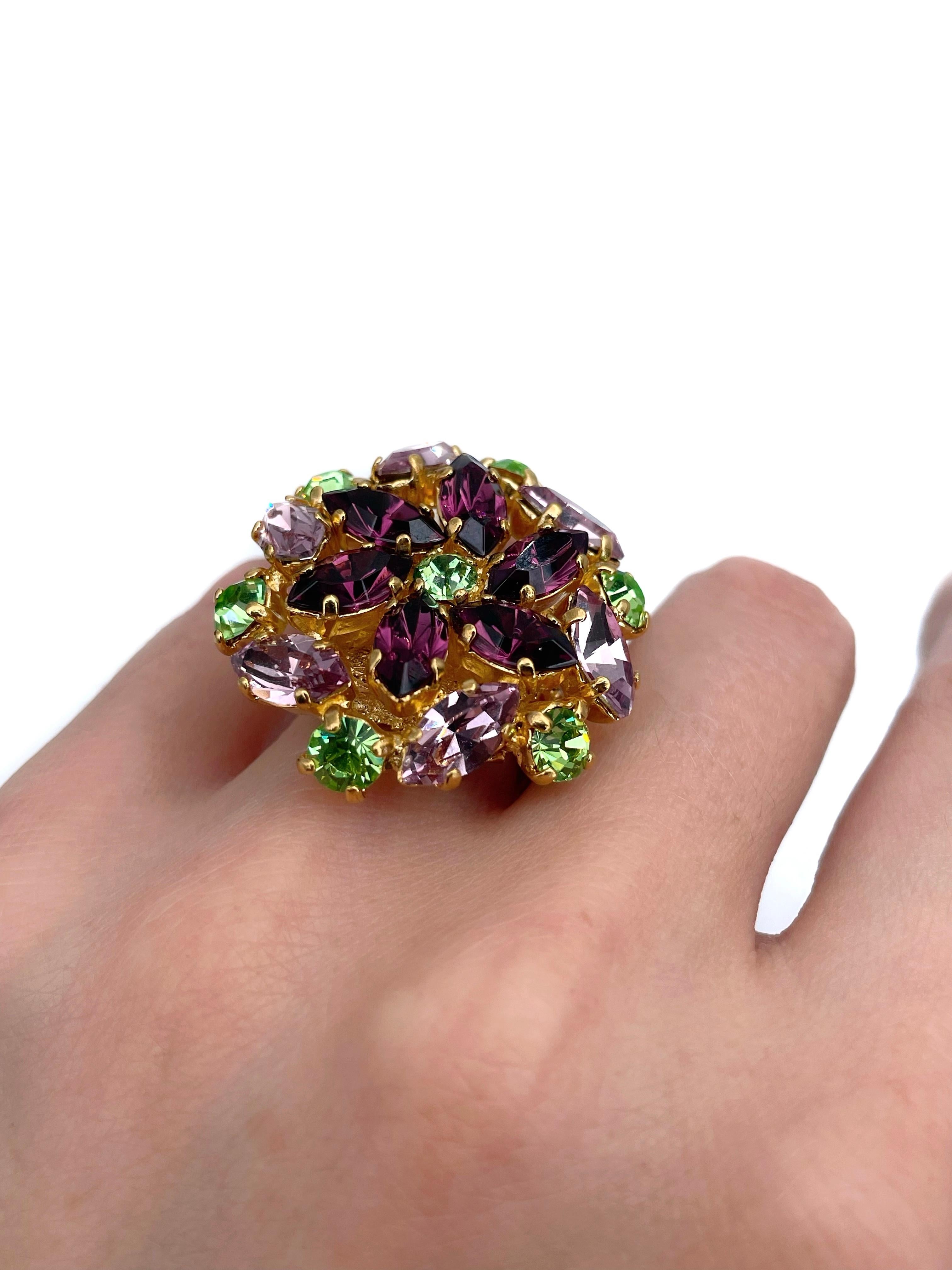 Modern 1980s Yves Saint Laurent YSL Purple Green Pink Crystal Floral Arty Cocktail Ring