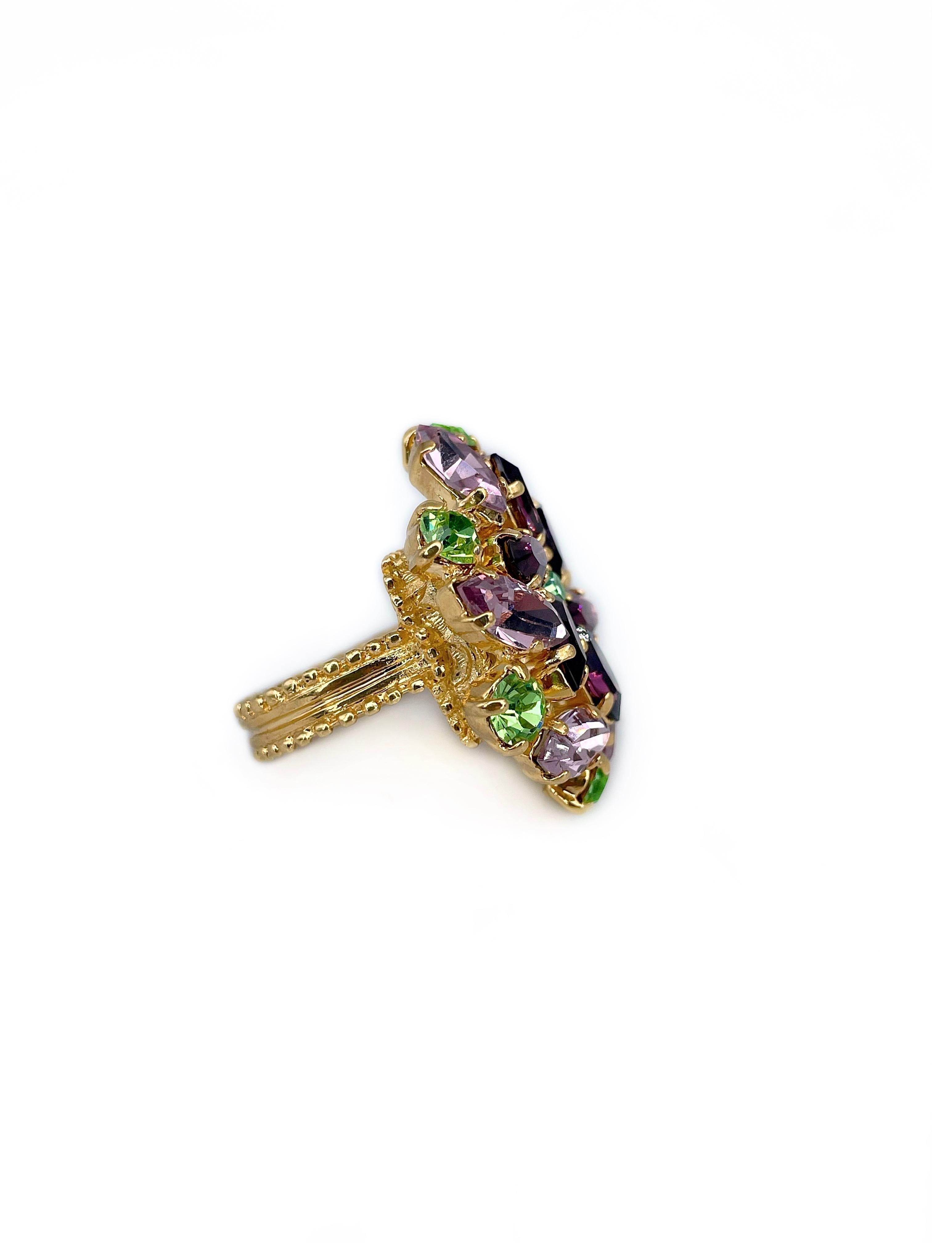 Mixed Cut 1980s Yves Saint Laurent YSL Purple Green Pink Crystal Floral Arty Cocktail Ring