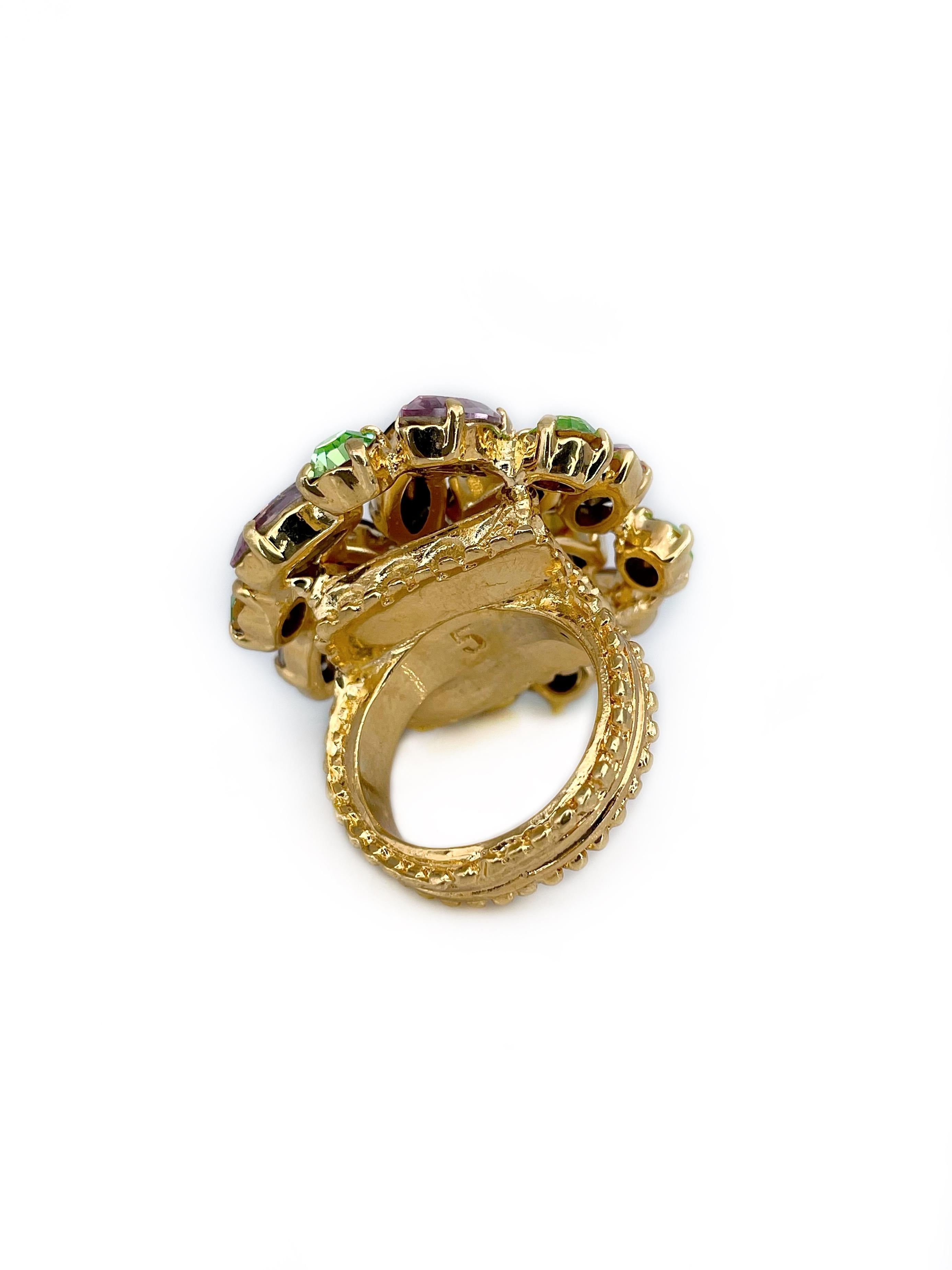 1980s Yves Saint Laurent YSL Purple Green Pink Crystal Floral Arty Cocktail Ring In Good Condition In Vilnius, LT