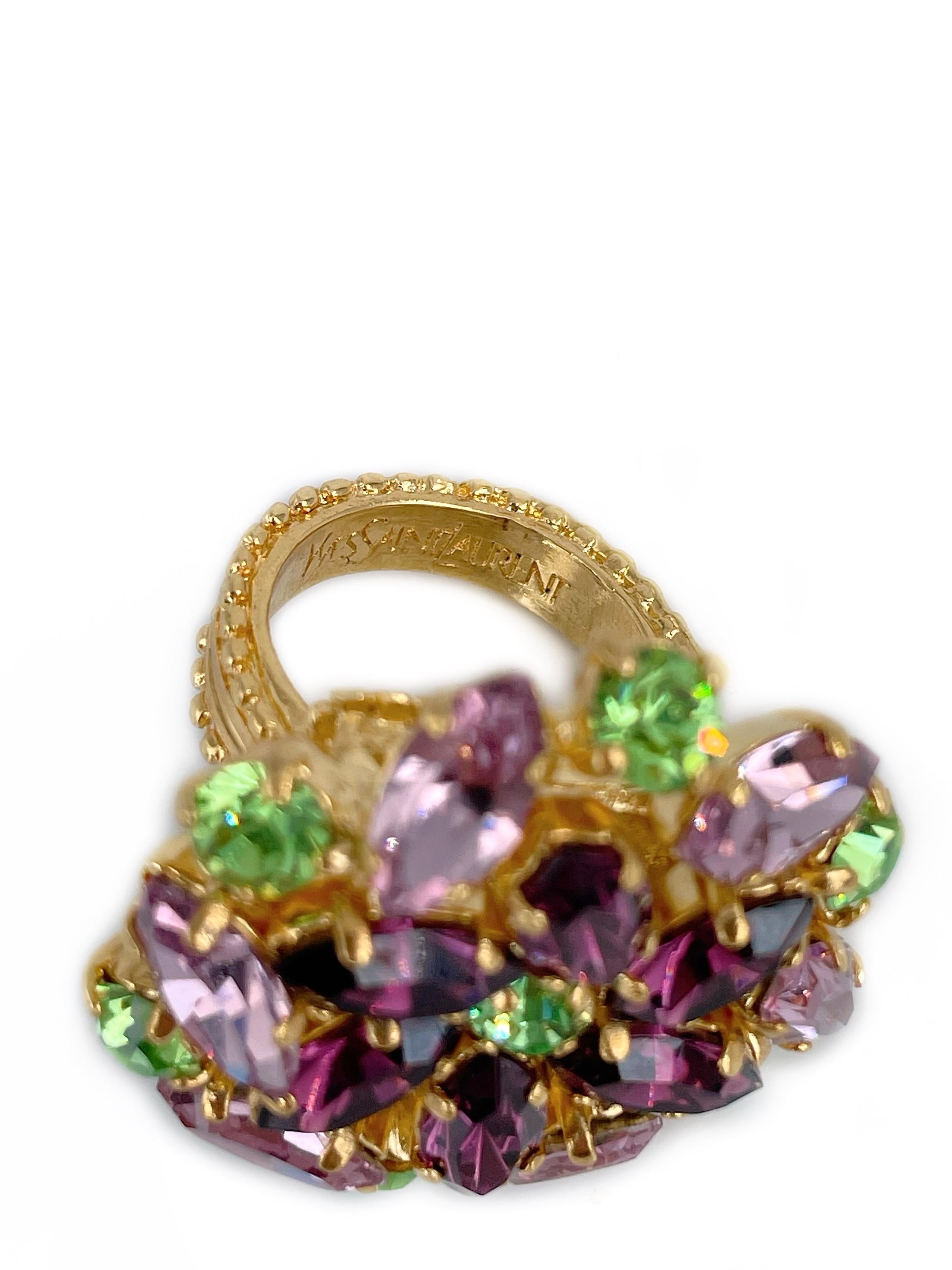 Women's 1980s Yves Saint Laurent YSL Purple Green Pink Crystal Floral Arty Cocktail Ring