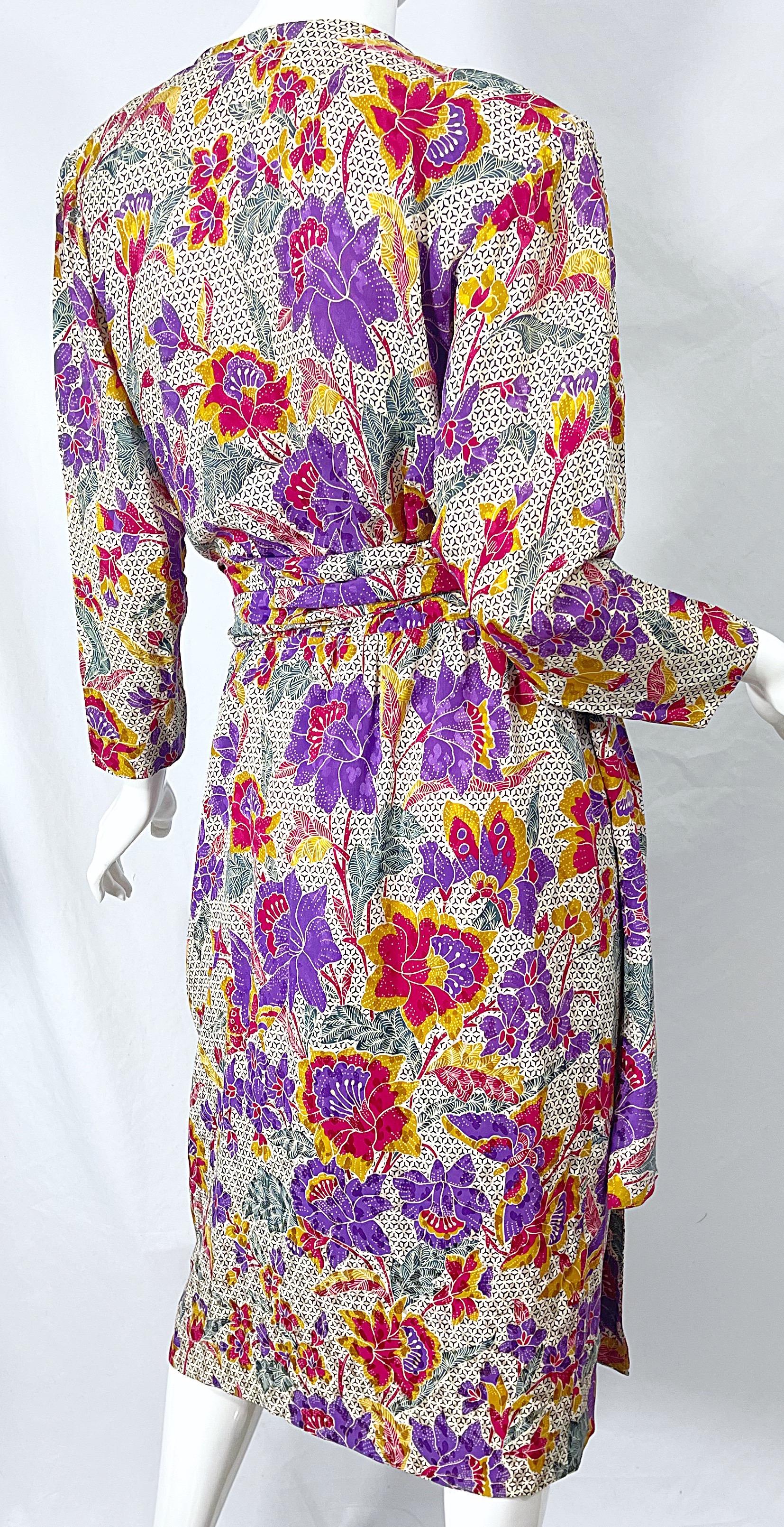 1980s Yves Saint Laurent YSL Size 44 / 12 Flower Logo Print Silk 80s Wrap Dress For Sale 2