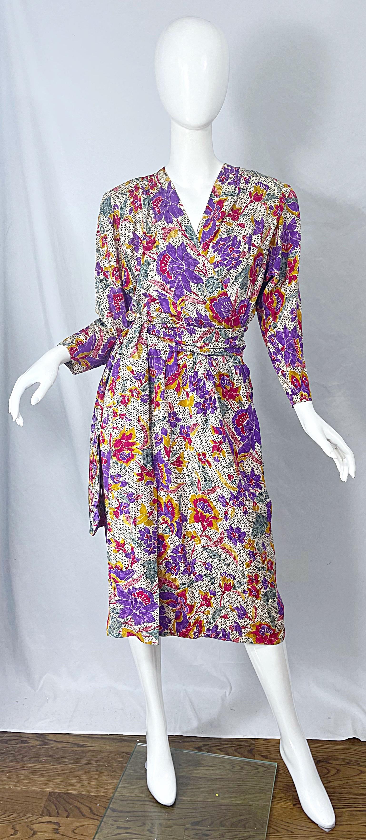 1980s Yves Saint Laurent YSL Size 44 / 12 Flower Logo Print Silk 80s Wrap Dress For Sale 6