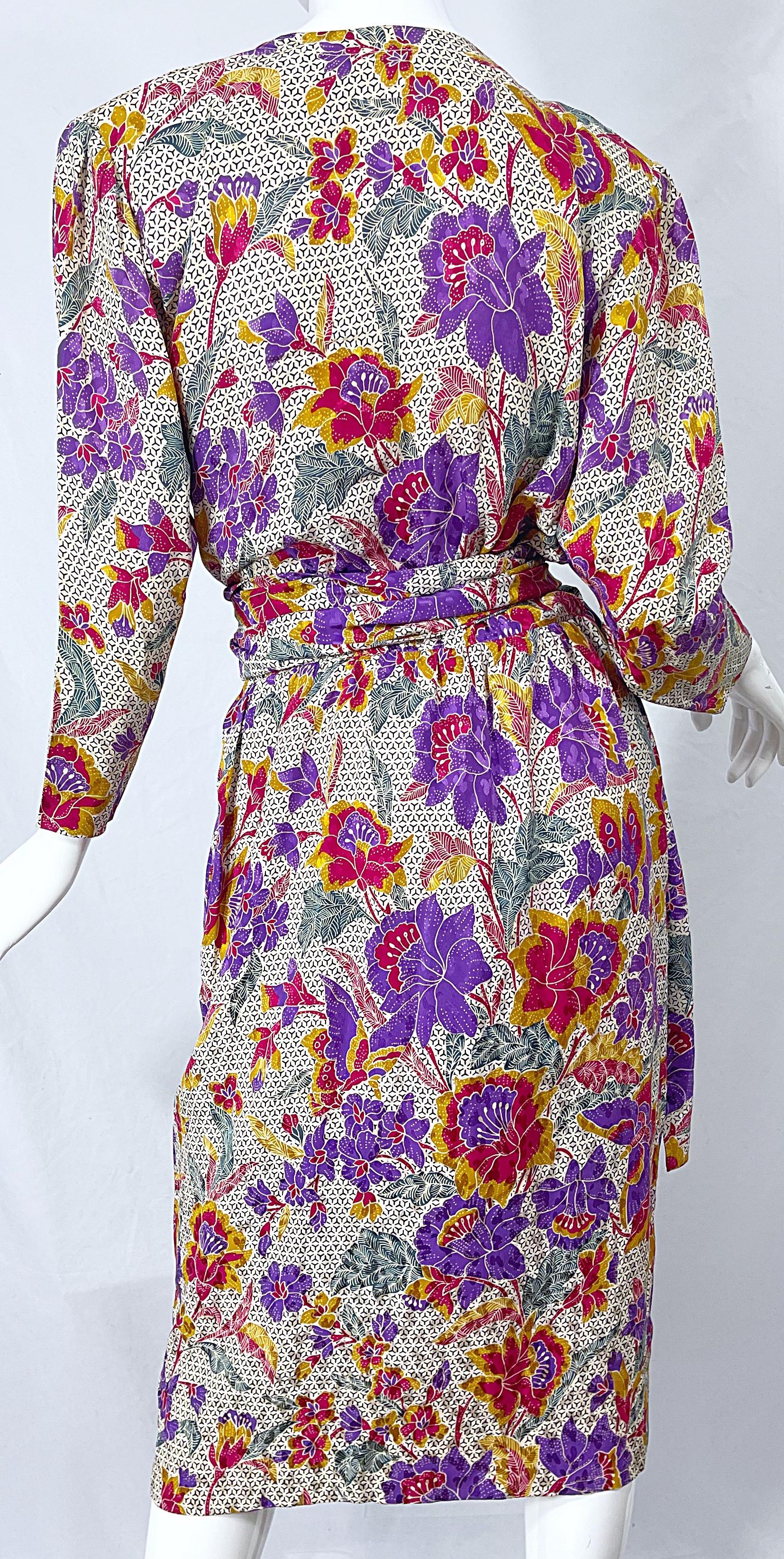 1980s Yves Saint Laurent YSL Size 44 / 12 Flower Logo Print Silk 80s Wrap Dress In Excellent Condition For Sale In San Diego, CA