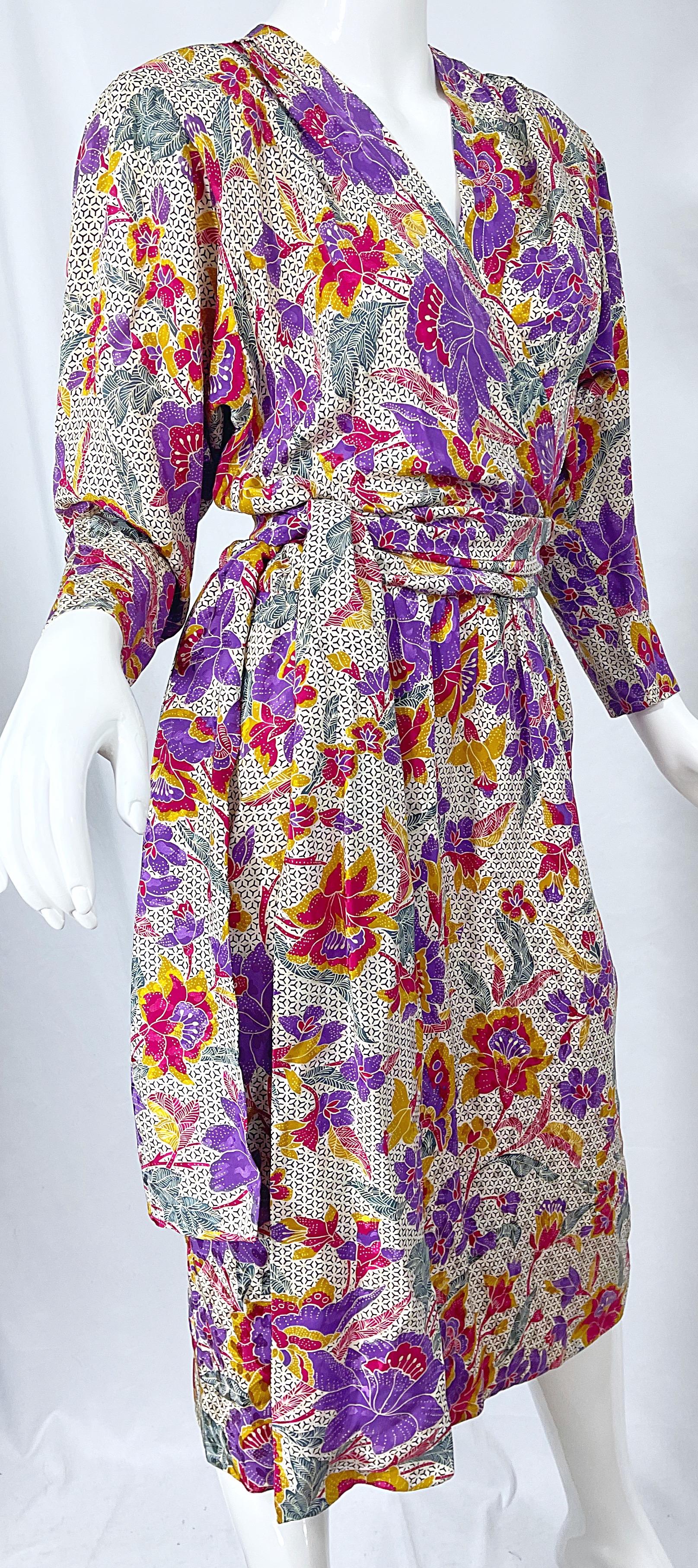 1980s Yves Saint Laurent YSL Size 44 / 12 Flower Logo Print Silk 80s Wrap Dress For Sale 1