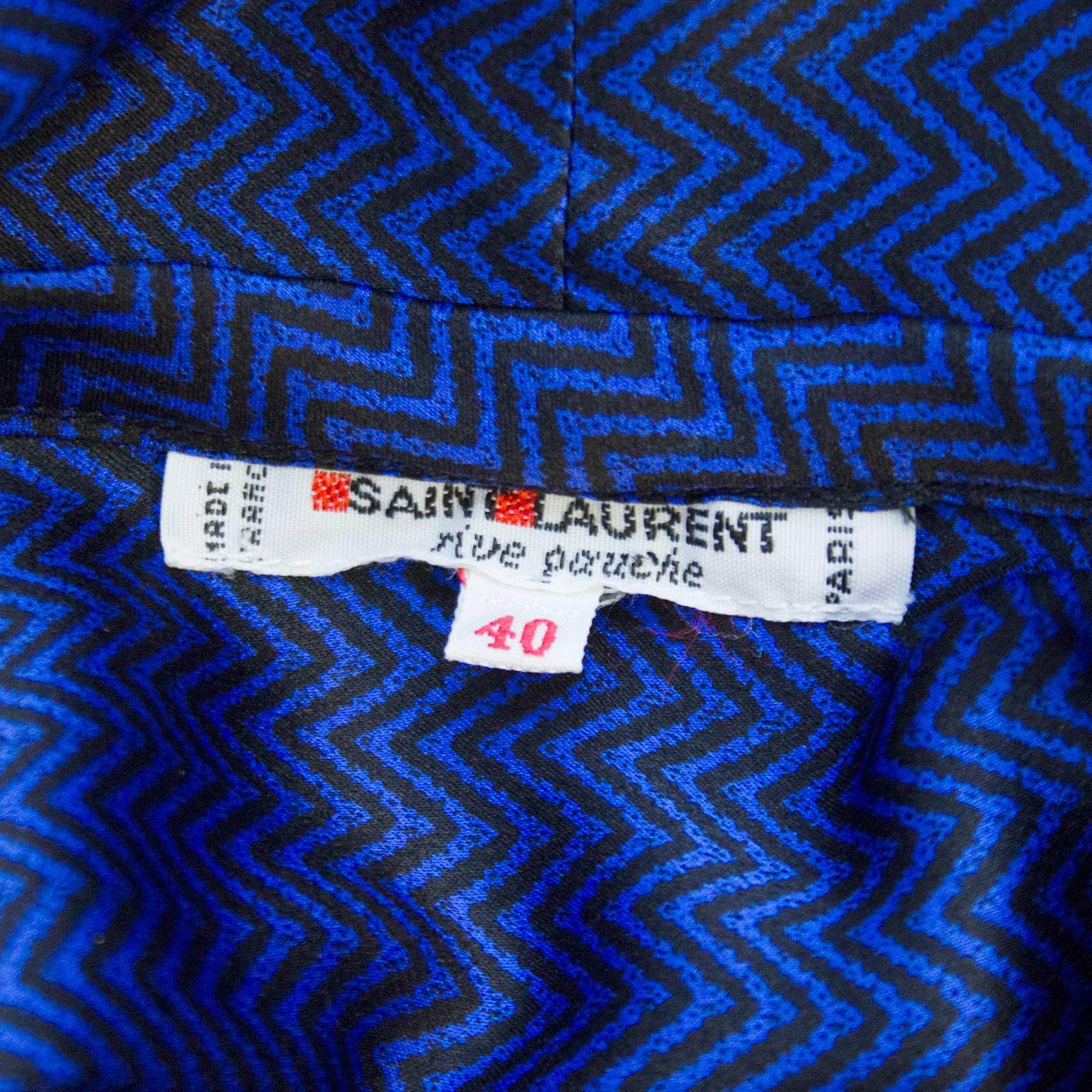 Yves Saint Laurent YSL Blue and Black Chevron Printed Silk Pussybow Blouse, 1980 1