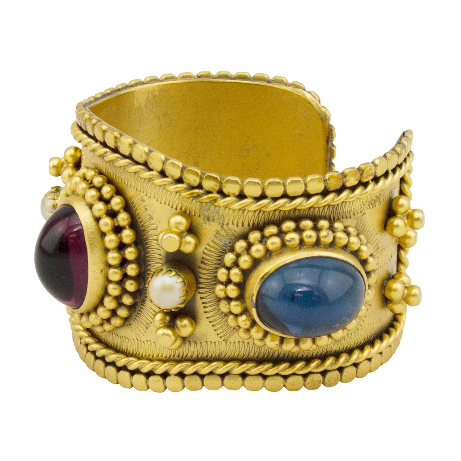 1980s Yves Saint Laurent/YSL Gold Tone Detailed Cabochon Cuff In Excellent Condition In Toronto, Ontario