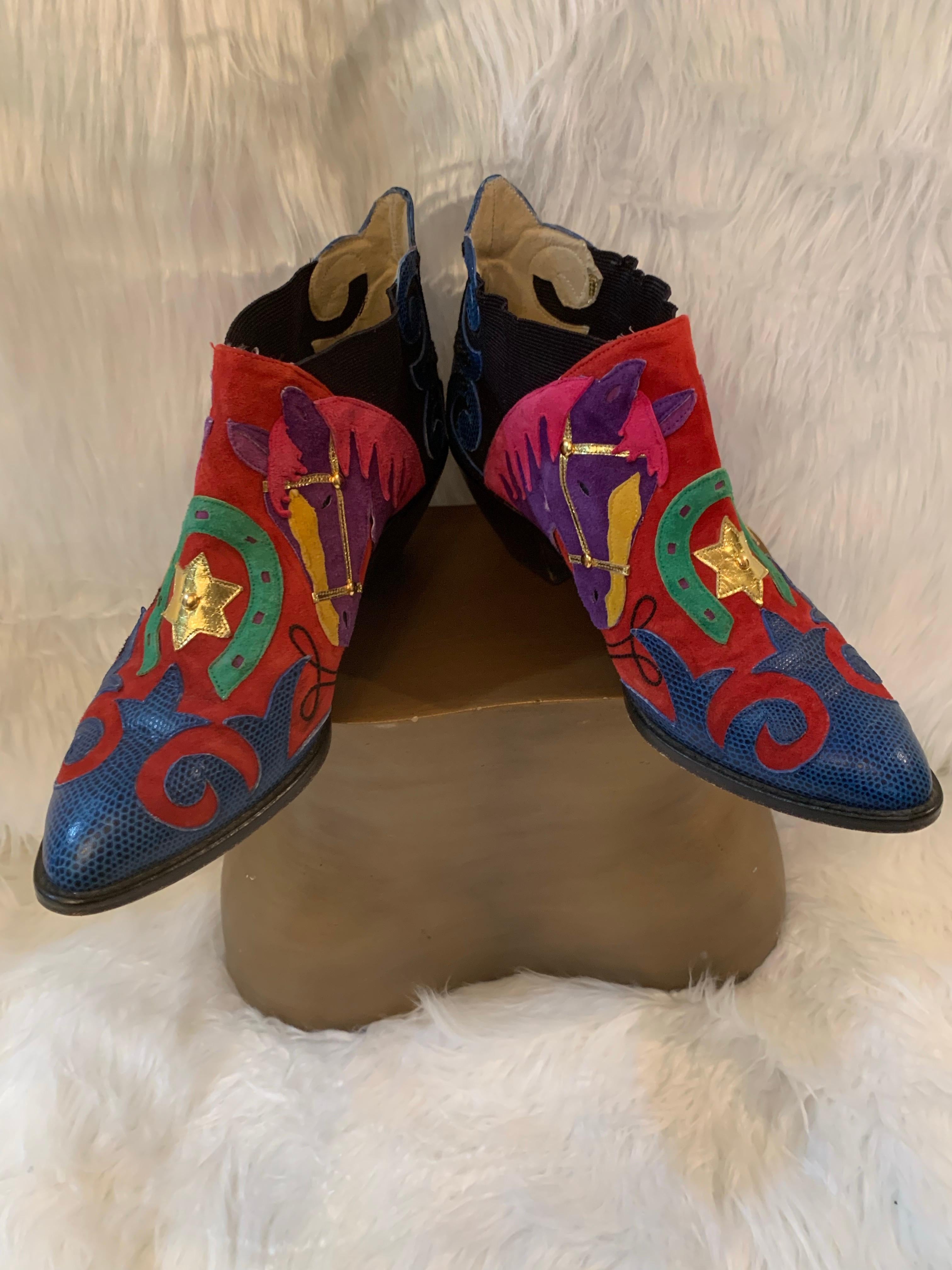 1980s Zalo Psychedelic Western Themed Leather & Suede Applique Booties For Sale 5