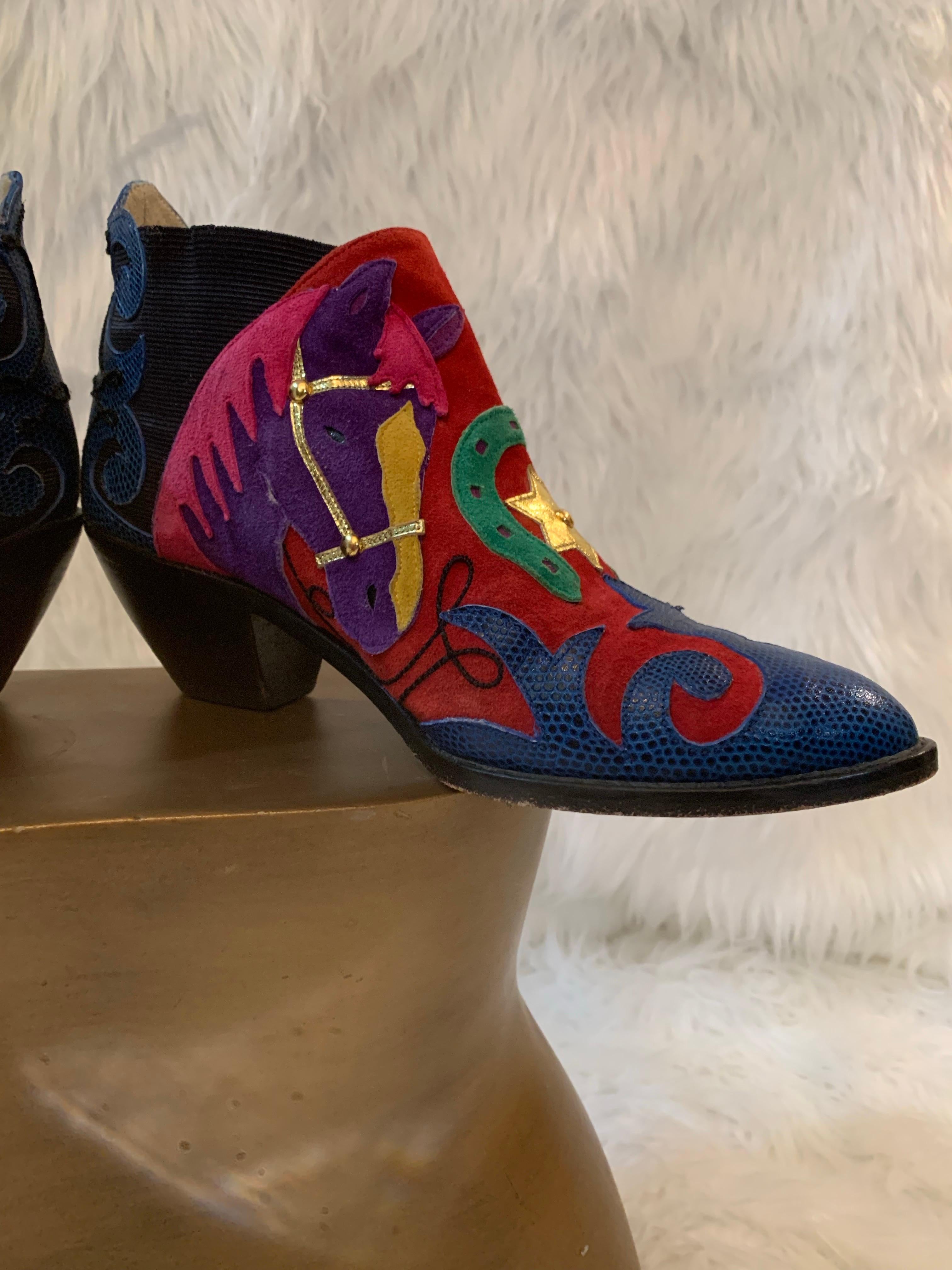 1980s Zalo Psychedelic Western Themed Leather & Suede Applique Booties For Sale 9