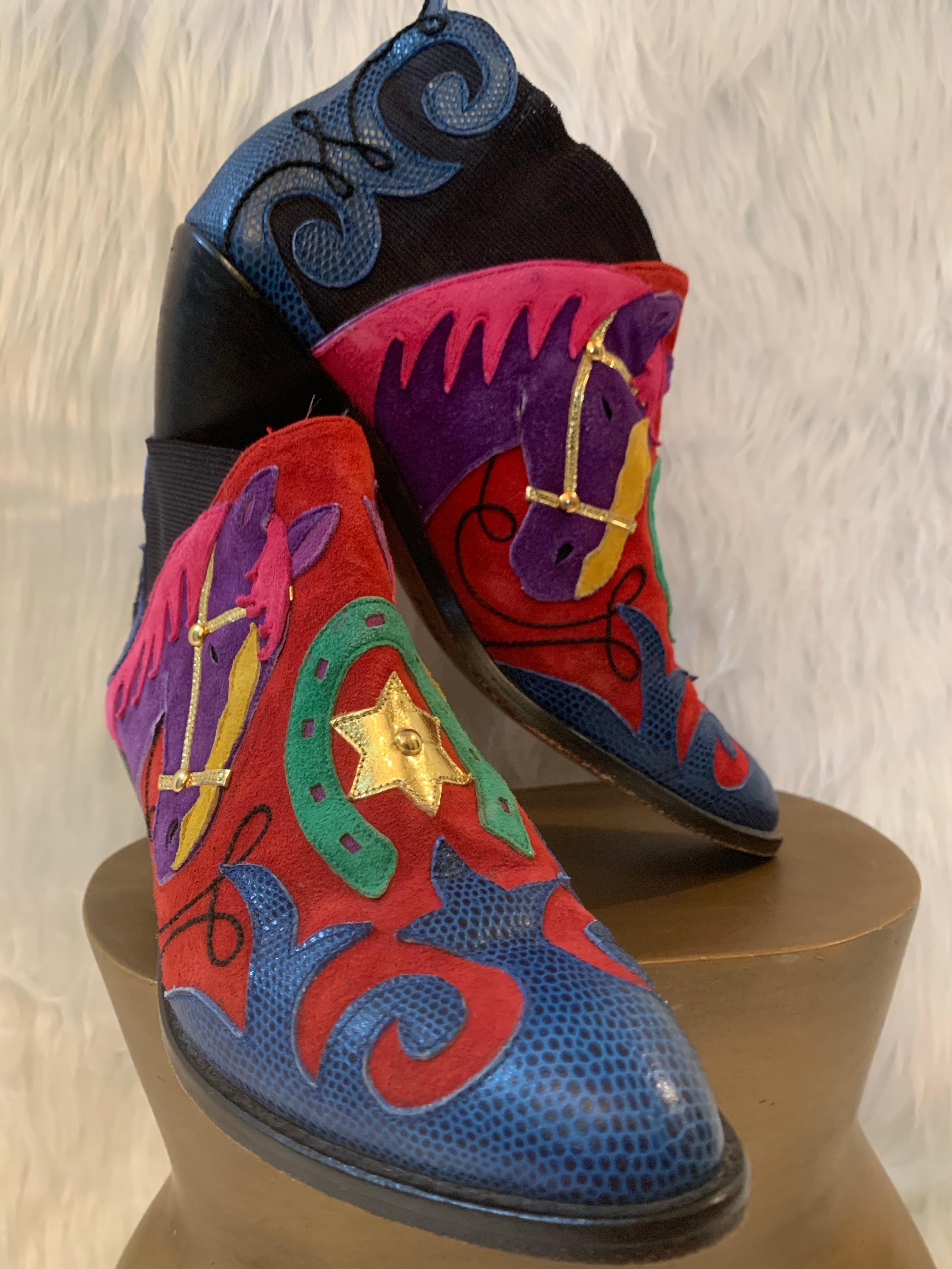 1980s Zalo Psychedelic Western Themed Leather & Suede Applique Booties For Sale 10