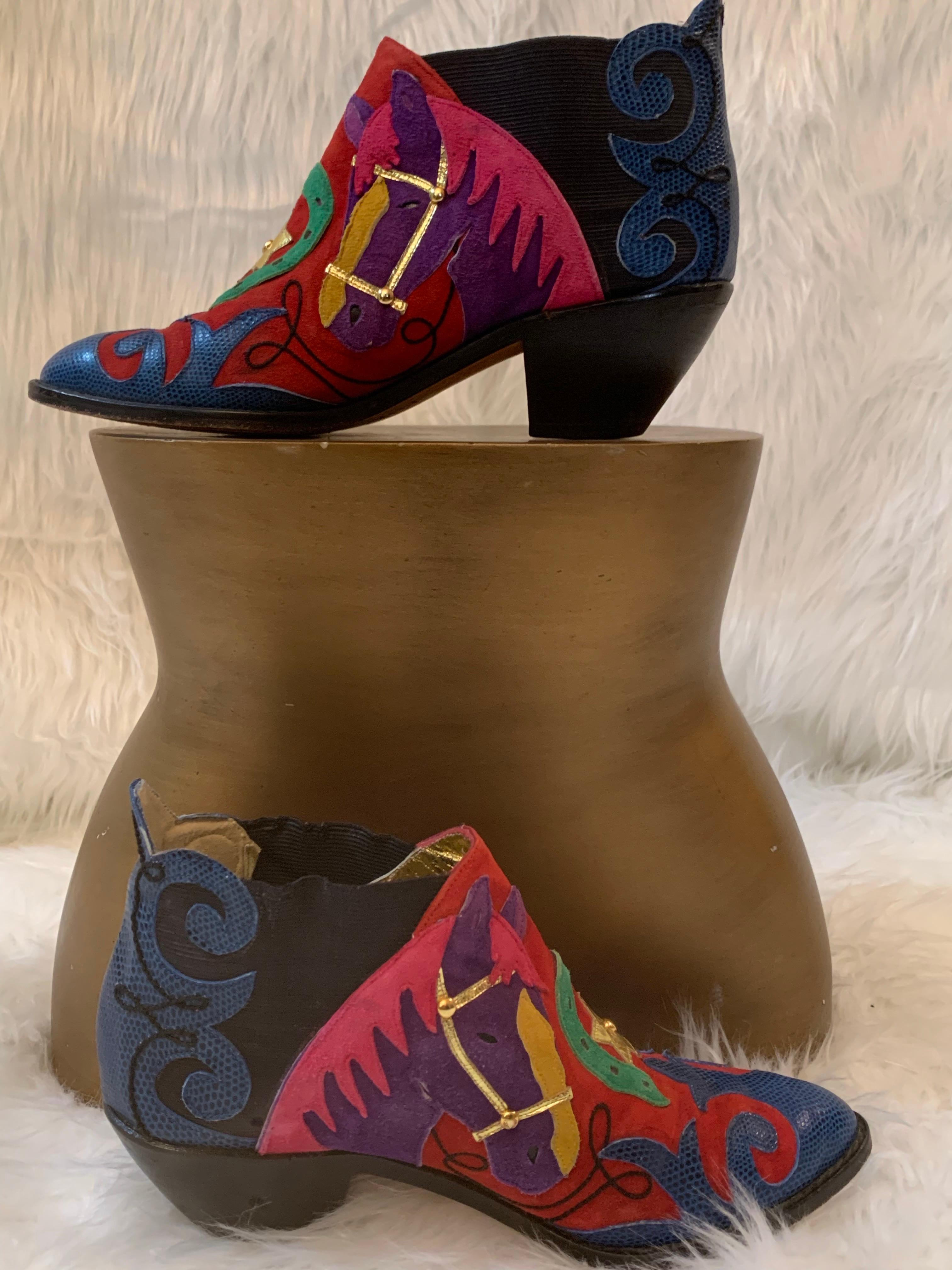 Black 1980s Zalo Psychedelic Western Themed Leather & Suede Applique Booties For Sale