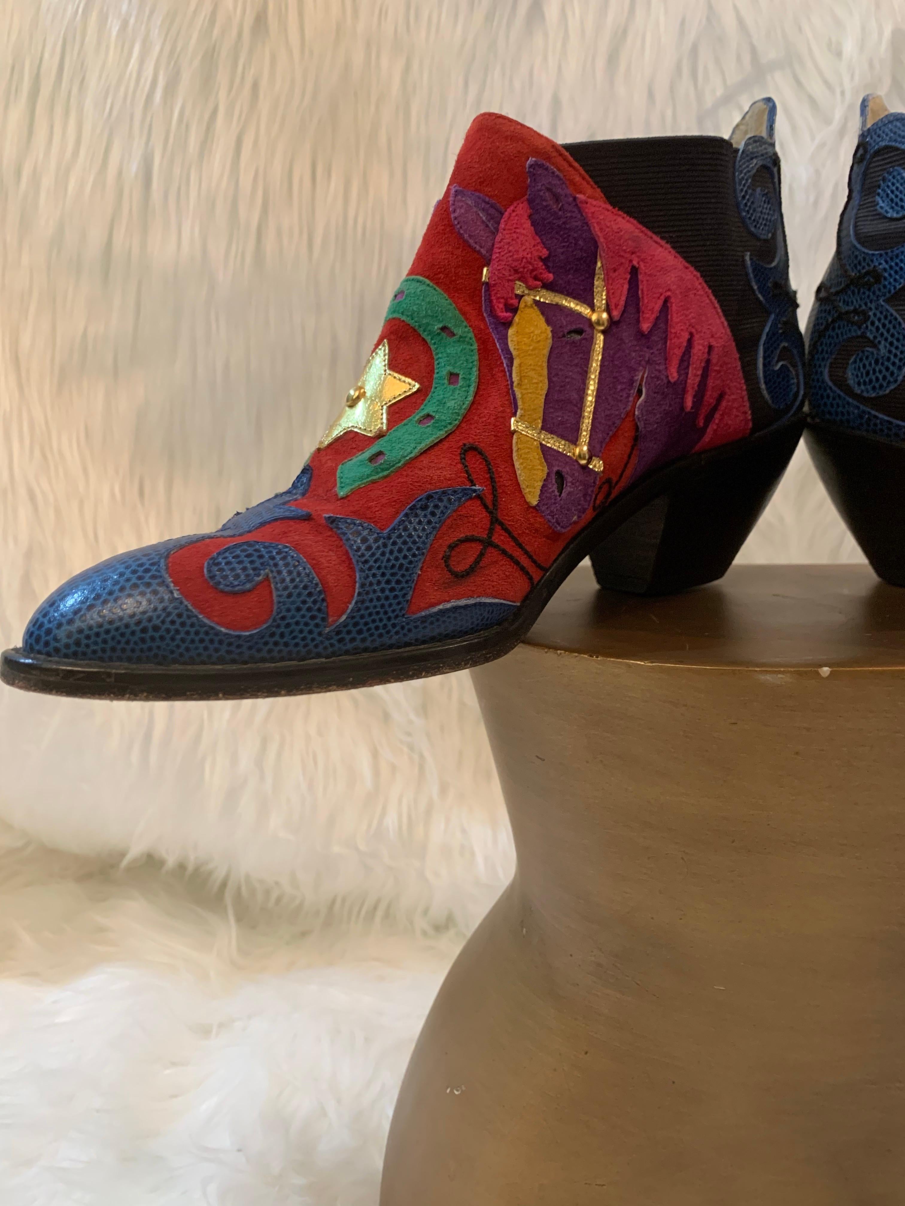 Women's 1980s Zalo Psychedelic Western Themed Leather & Suede Applique Booties For Sale
