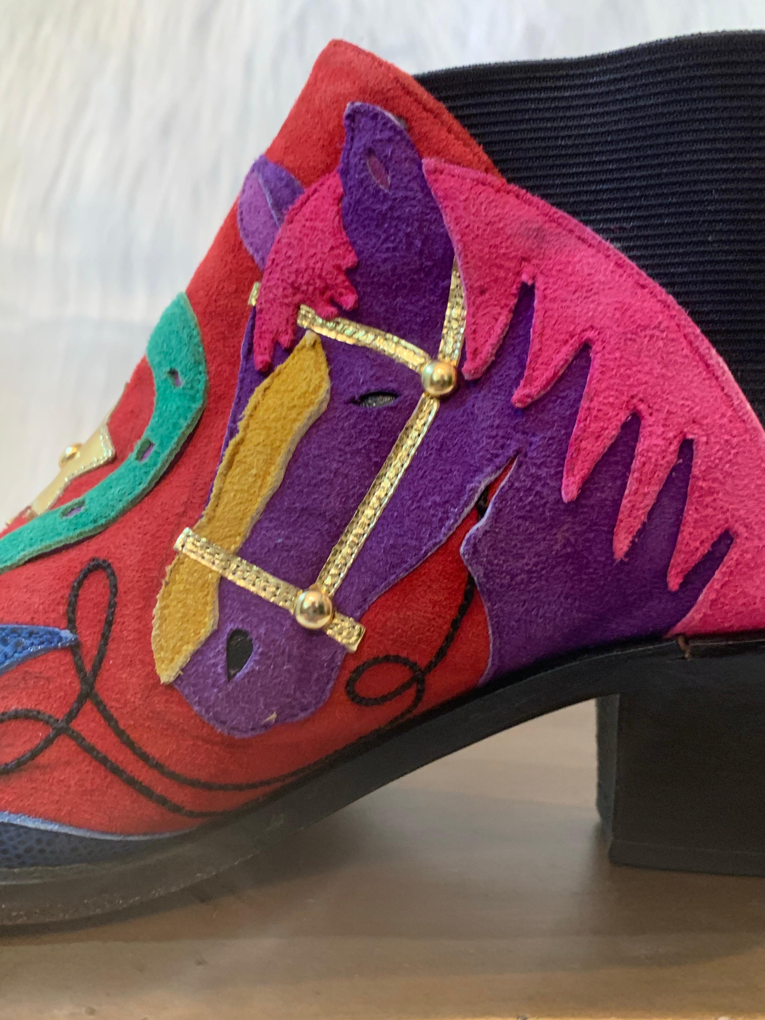 1980s Zalo Psychedelic Western Themed Leather & Suede Applique Booties For Sale 2