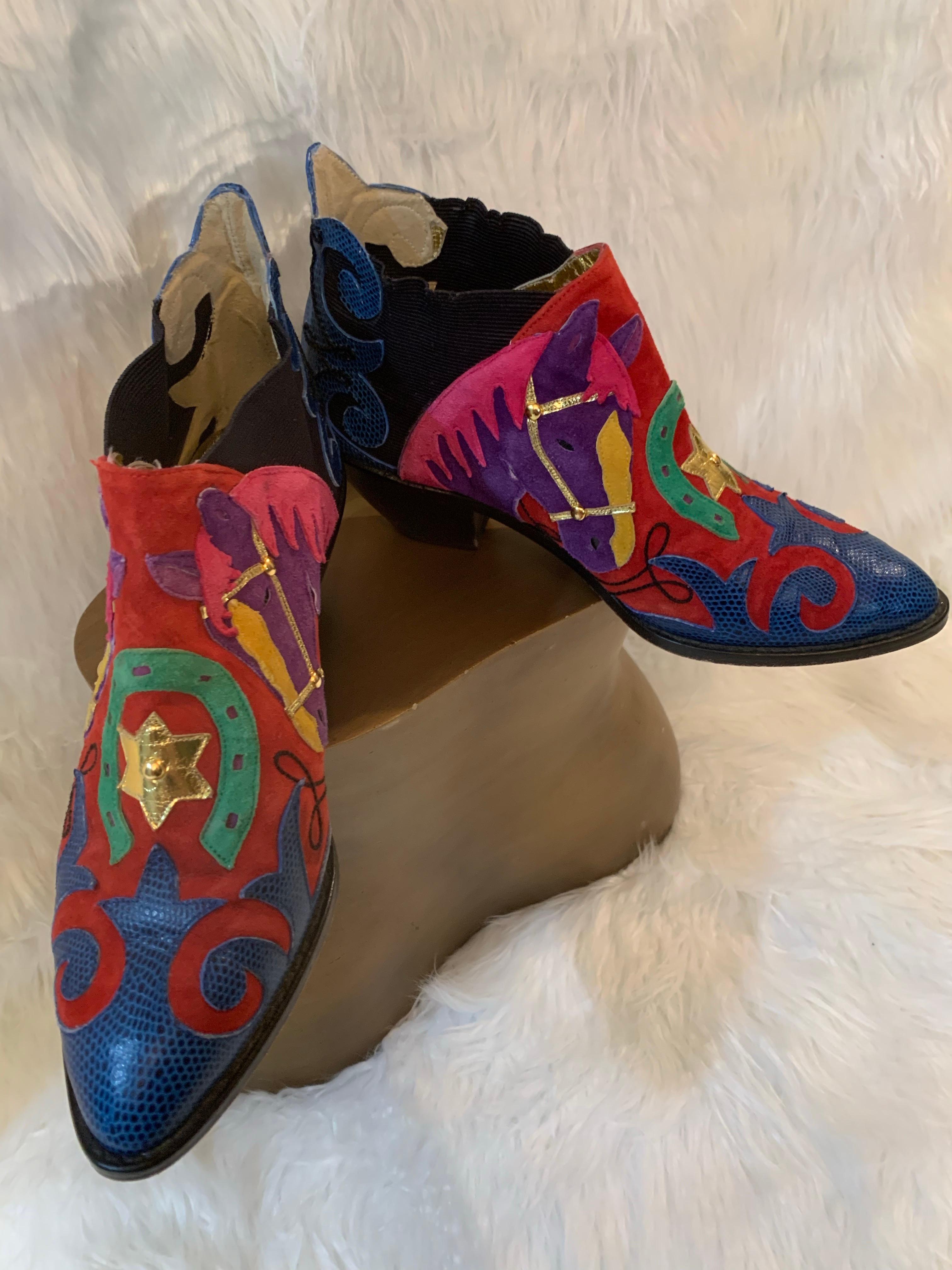 1980s Zalo Psychedelic Western Themed Leather & Suede Applique Booties For Sale 3