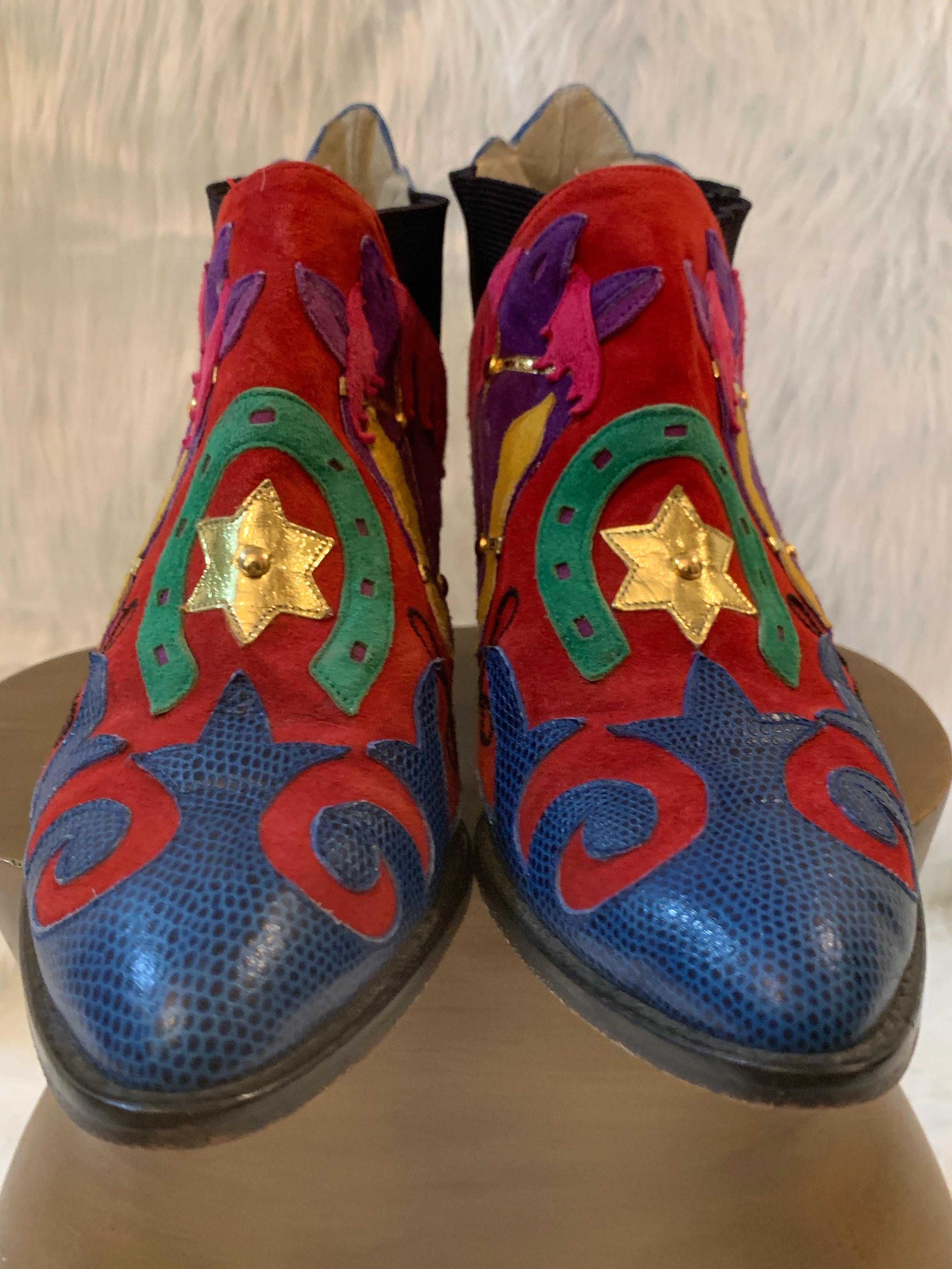 1980s Zalo Psychedelic Western Themed Leather & Suede Applique Booties For Sale 4