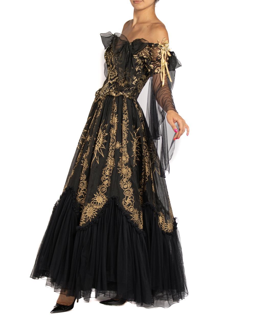 1980S ZANDRA RHODES Black & Gold Lace Ball Gown In Excellent Condition For Sale In New York, NY