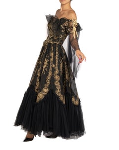 1980S ZANDRA RHODES Black & Gold Lace Ball Gown