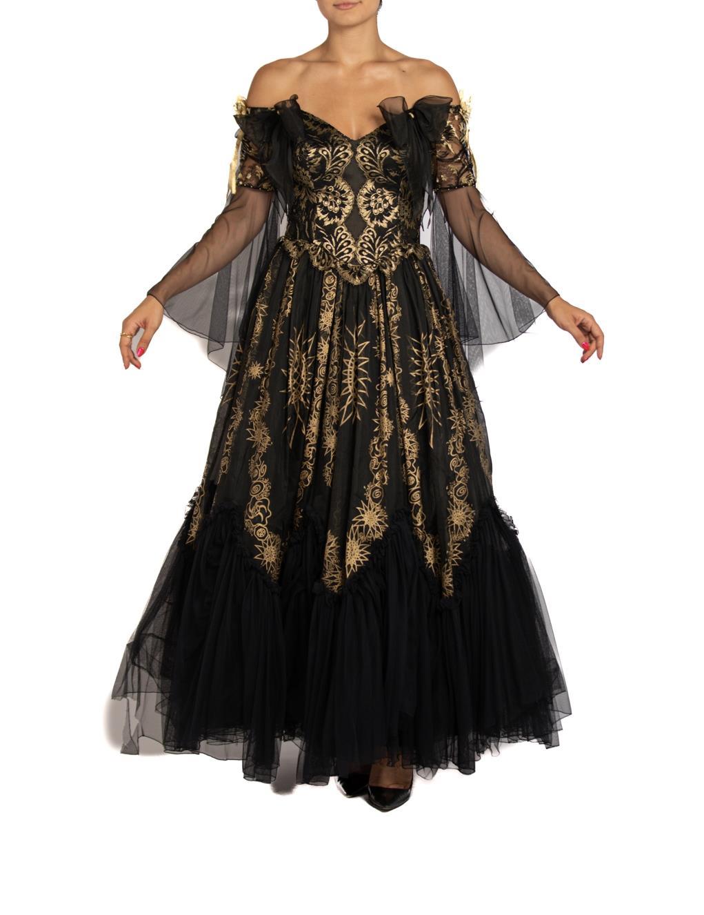 1980S ZANDRA RHODES Black & Gold Lace Ball Gown For Sale 1