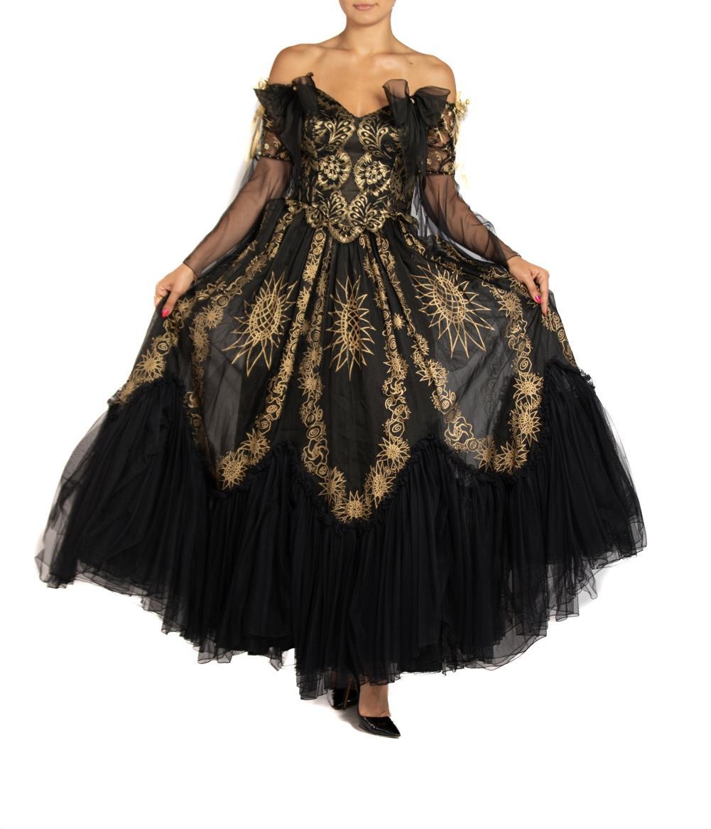 1980S ZANDRA RHODES Black & Gold Lace Ball Gown For Sale 2
