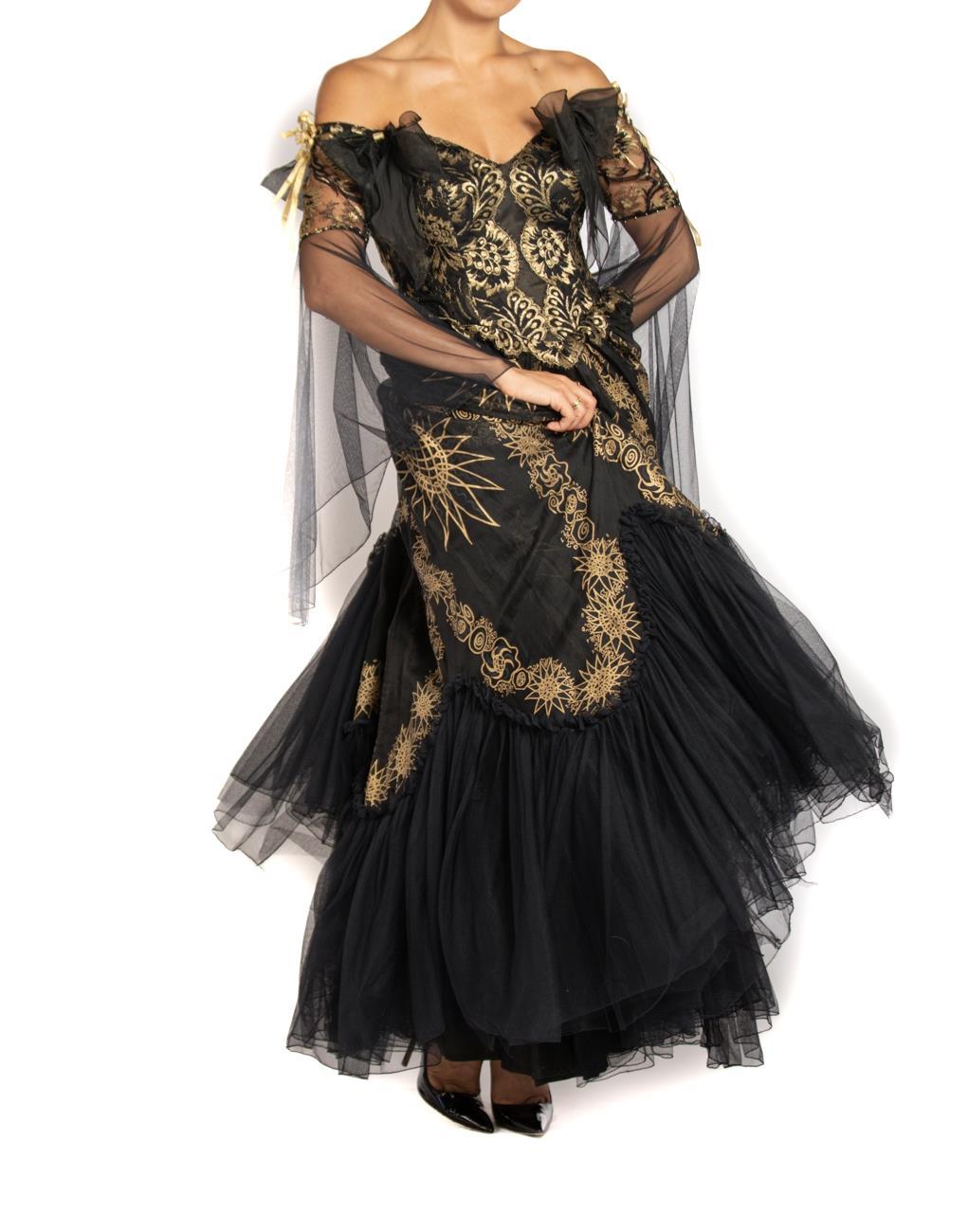 1980S ZANDRA RHODES Black & Gold Lace Ball Gown For Sale 3