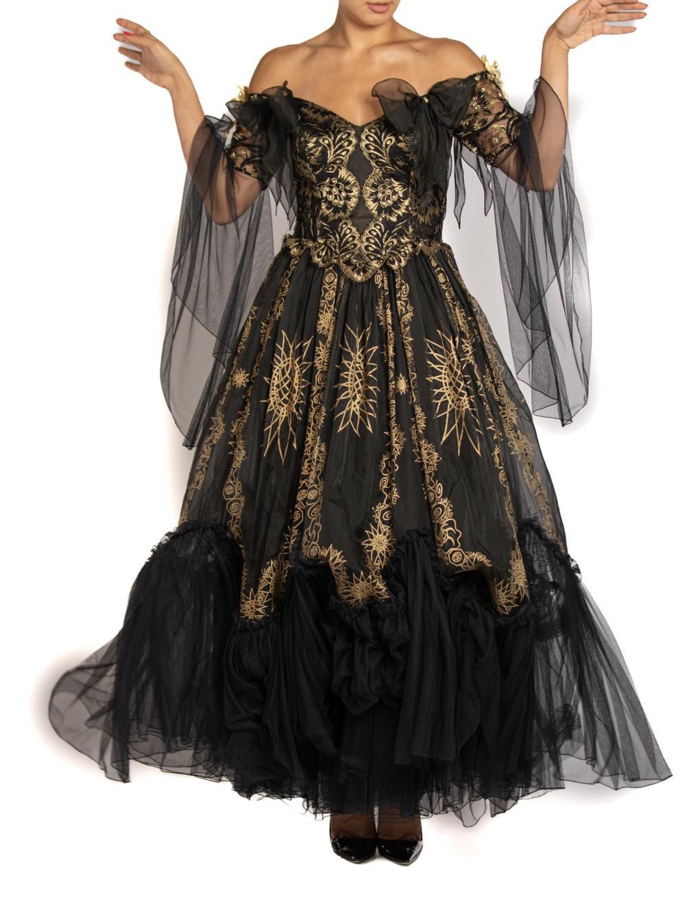 1980S ZANDRA RHODES Black & Gold Lace Ball Gown For Sale 4