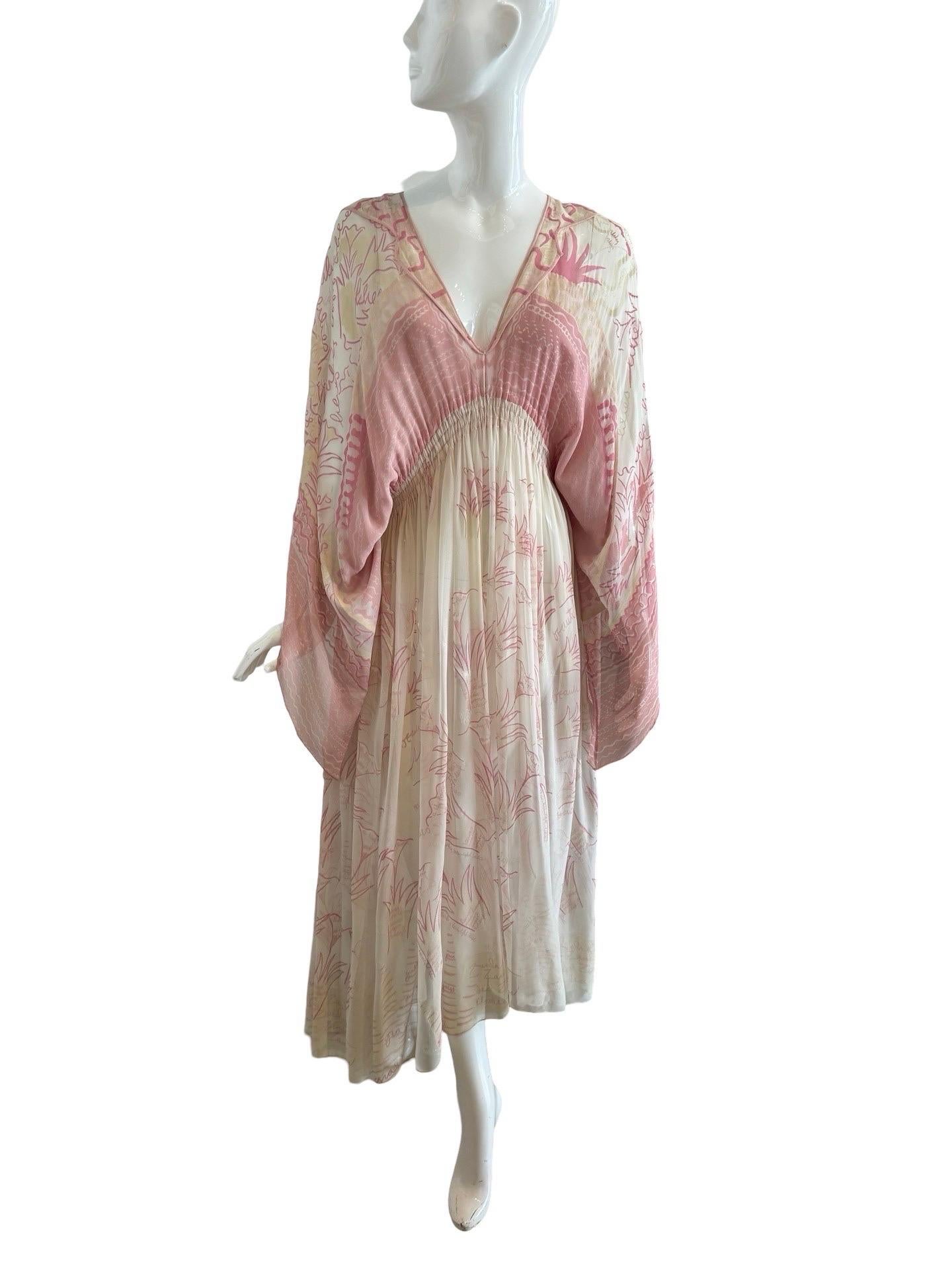 1980s Zandra Rhodes light chiffon silk boho dress with a full handpainted romantic design in pinks and white.   This dress is so gorgeous and ethereal!

The handwriting says 'leaves more leaves , leaves green' and 'beautiful lilies'  'grass' and