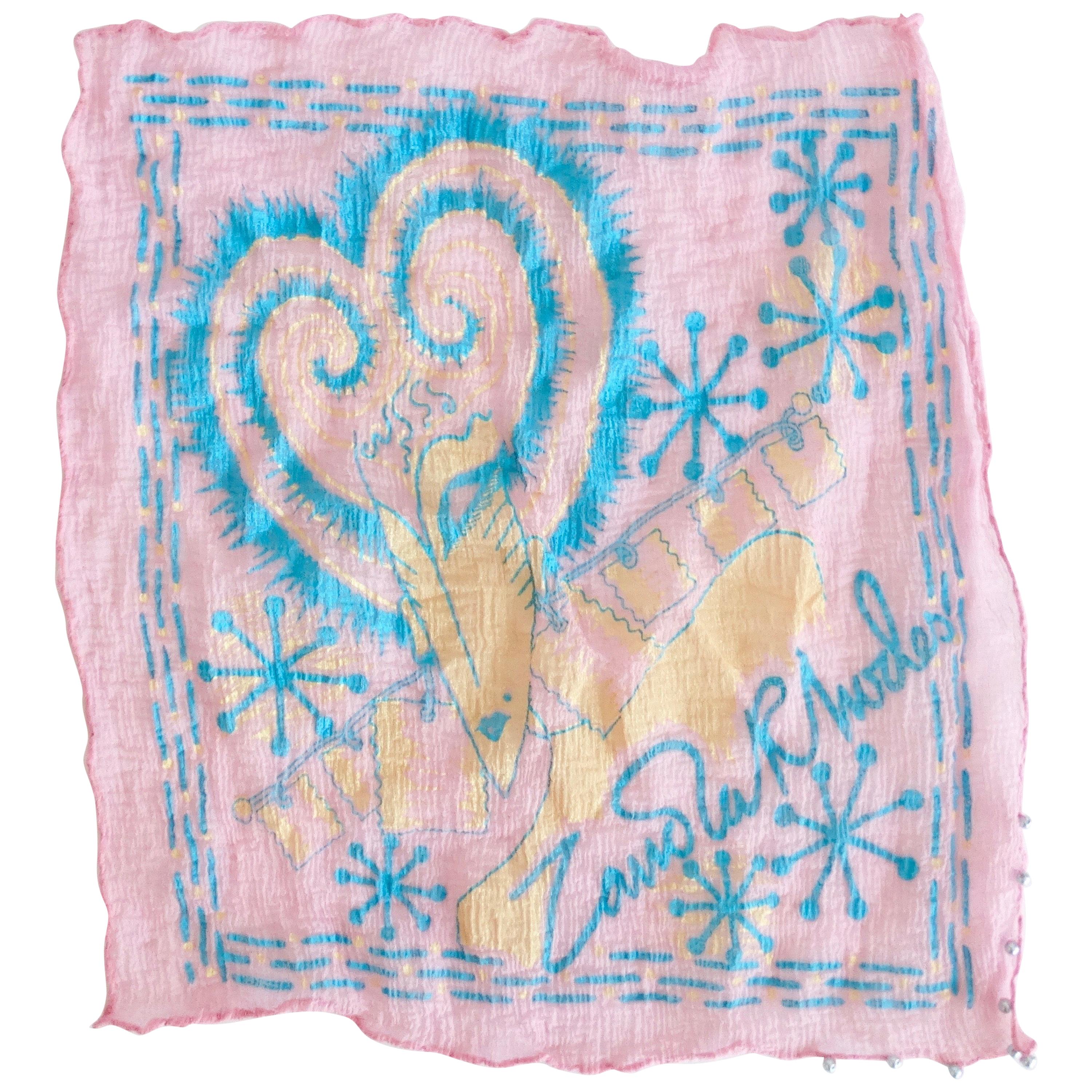 Zandra Rhodes 1980s Painted Pastel Silk Hanky  For Sale