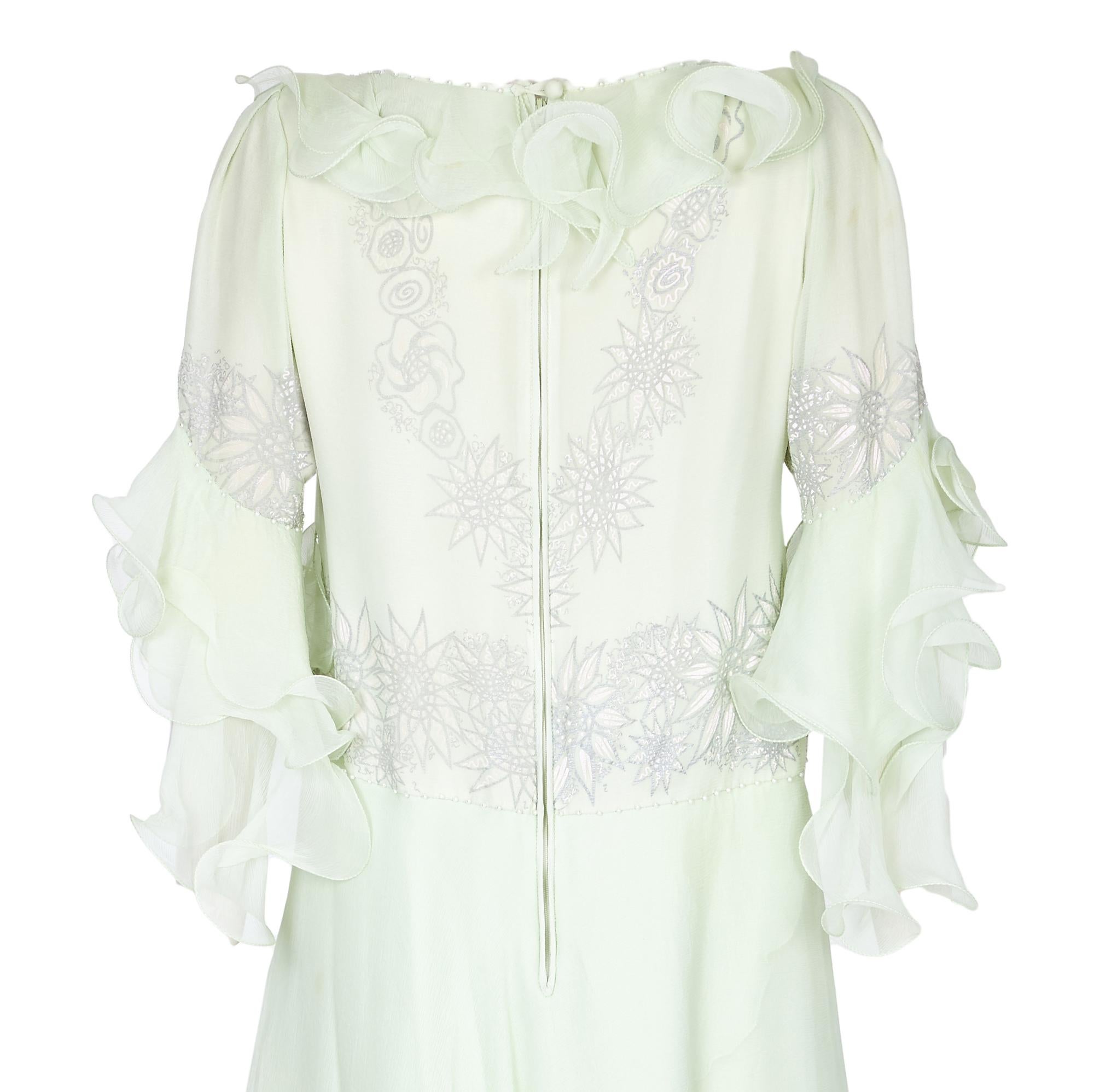 1980s Zandra Rhodes Pale Green Couture Silk Chiffon Dress In Excellent Condition For Sale In London, GB