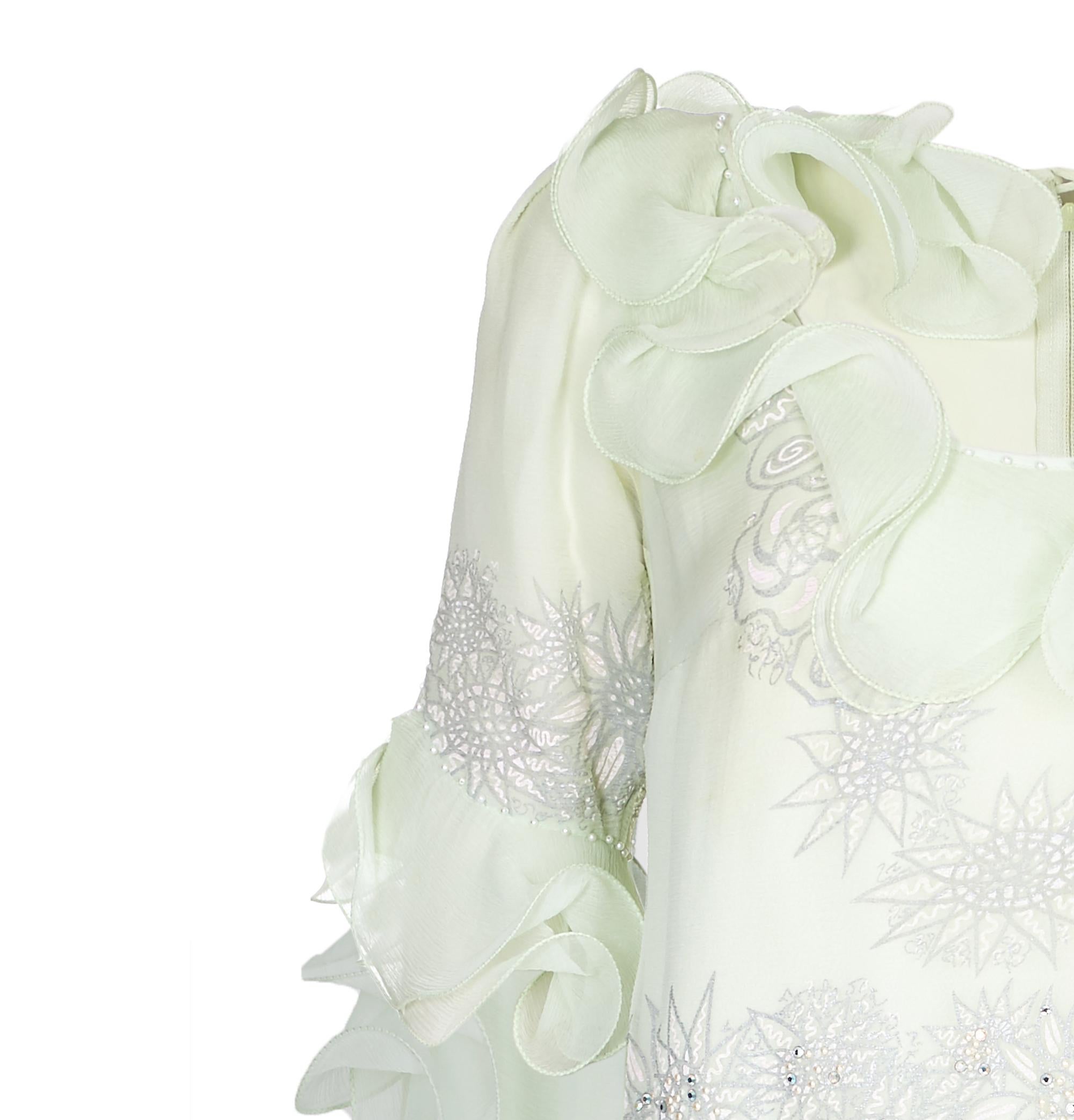 Women's 1980s Zandra Rhodes Pale Green Couture Silk Chiffon Dress For Sale