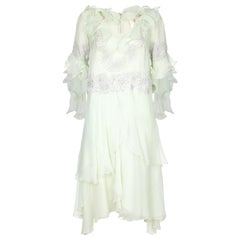 1980s Zandra Rhodes Pale Green Couture Silk Chiffon Dress