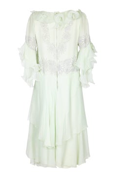 1980s Zandra Rhodes Pale Green Couture Silk Chiffon Dress, Hat and Bag Set