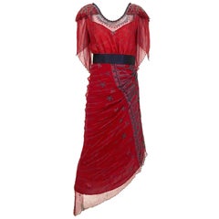Vintage 1980s Zandra Rhodes Red Silk Print Dress with Pearls