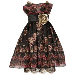 1980s Zandra Rhodes Vintage Screen-Printed Metallic Gold + Pink Black Silk Dress