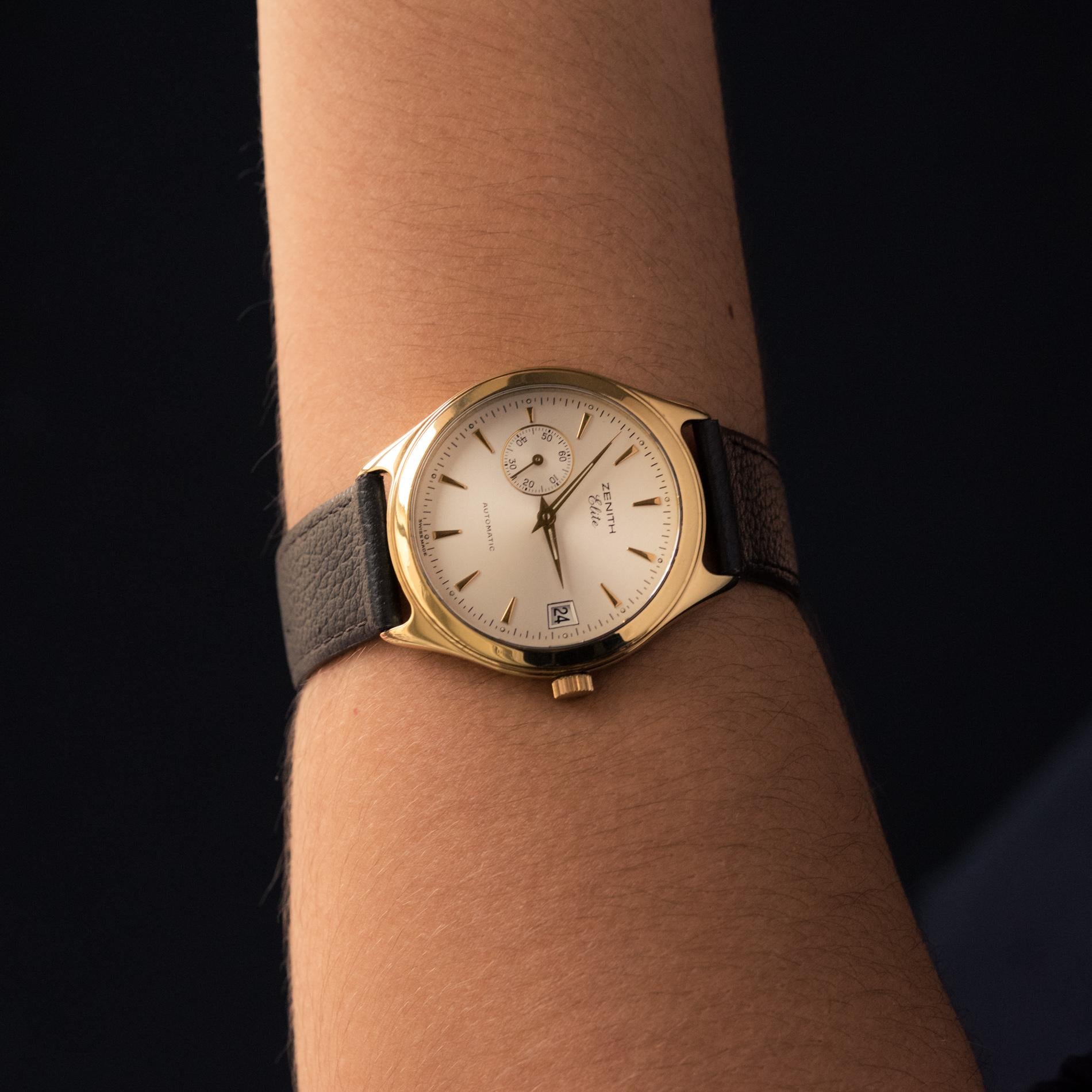 1980er Zenith Elite Automatik-Armbanduhr aus 18 Karat Gelbgold (Moderne) im Angebot