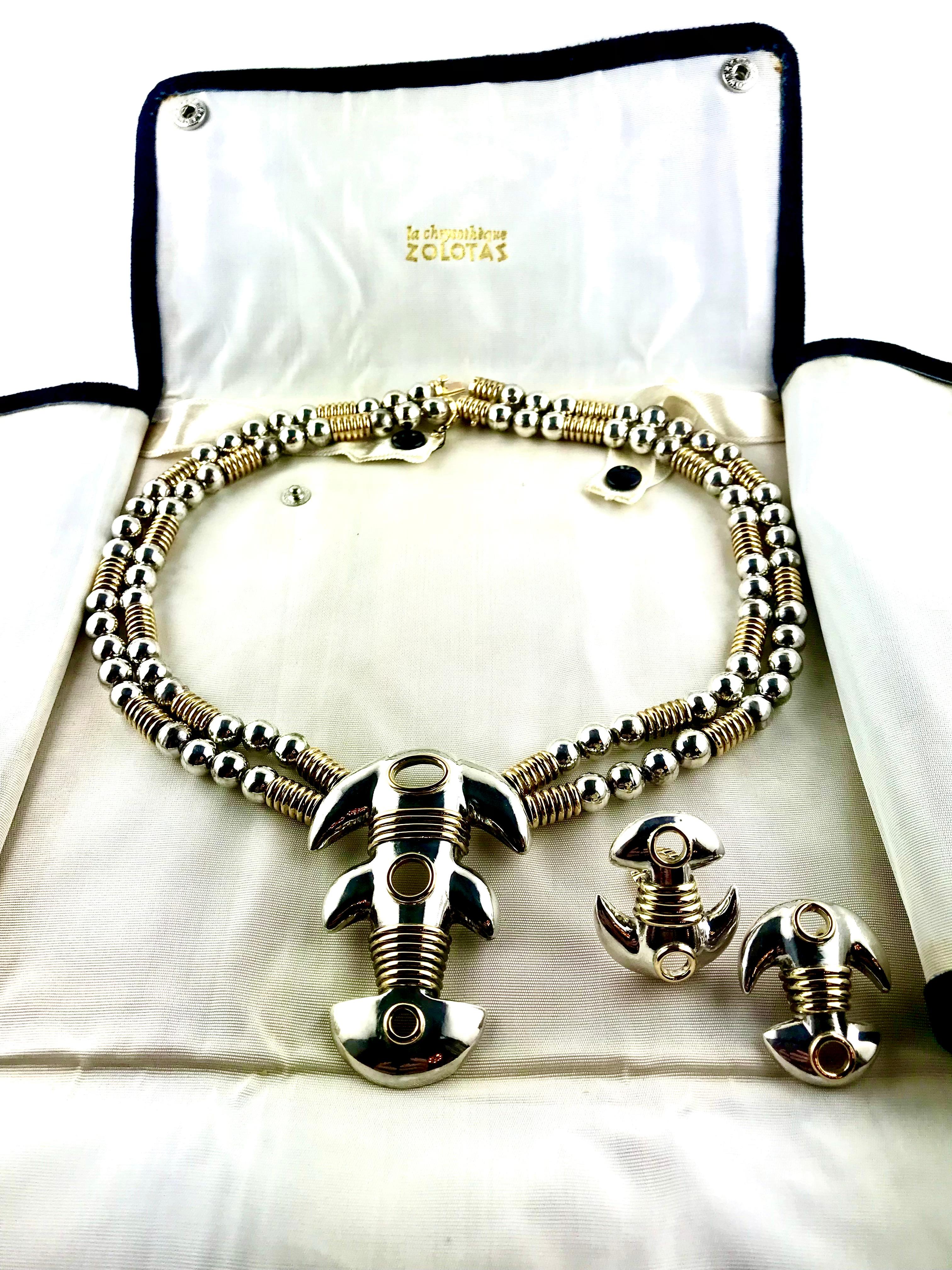 1980s Zolotas Yellow Gold and Silver  Necklace and Earrings For Sale 1