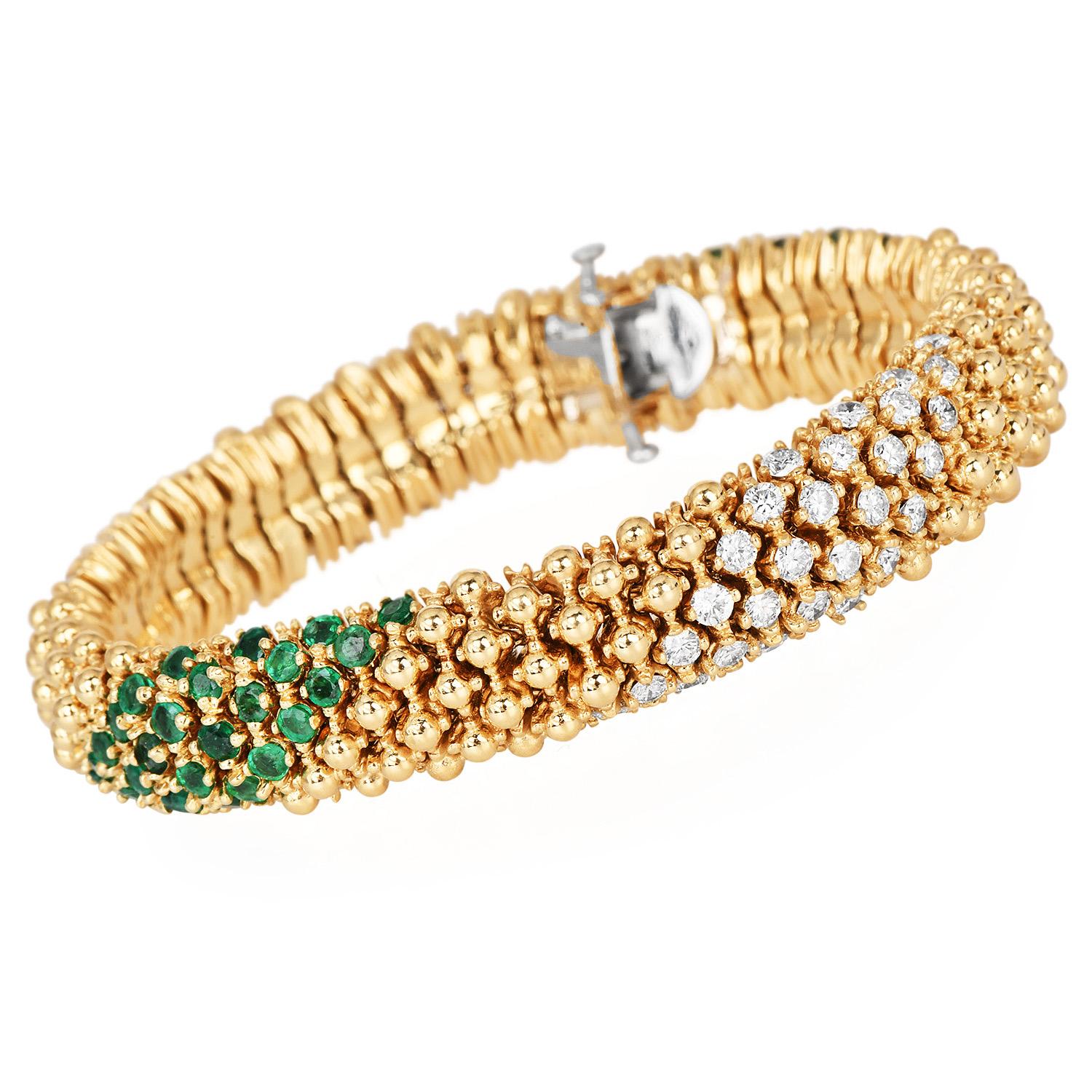 1980SEmeralds 6.35cts Diamonds 18K Gold Beaded Mesh Wrap Bracelet Excellent état - En vente à Miami, FL
