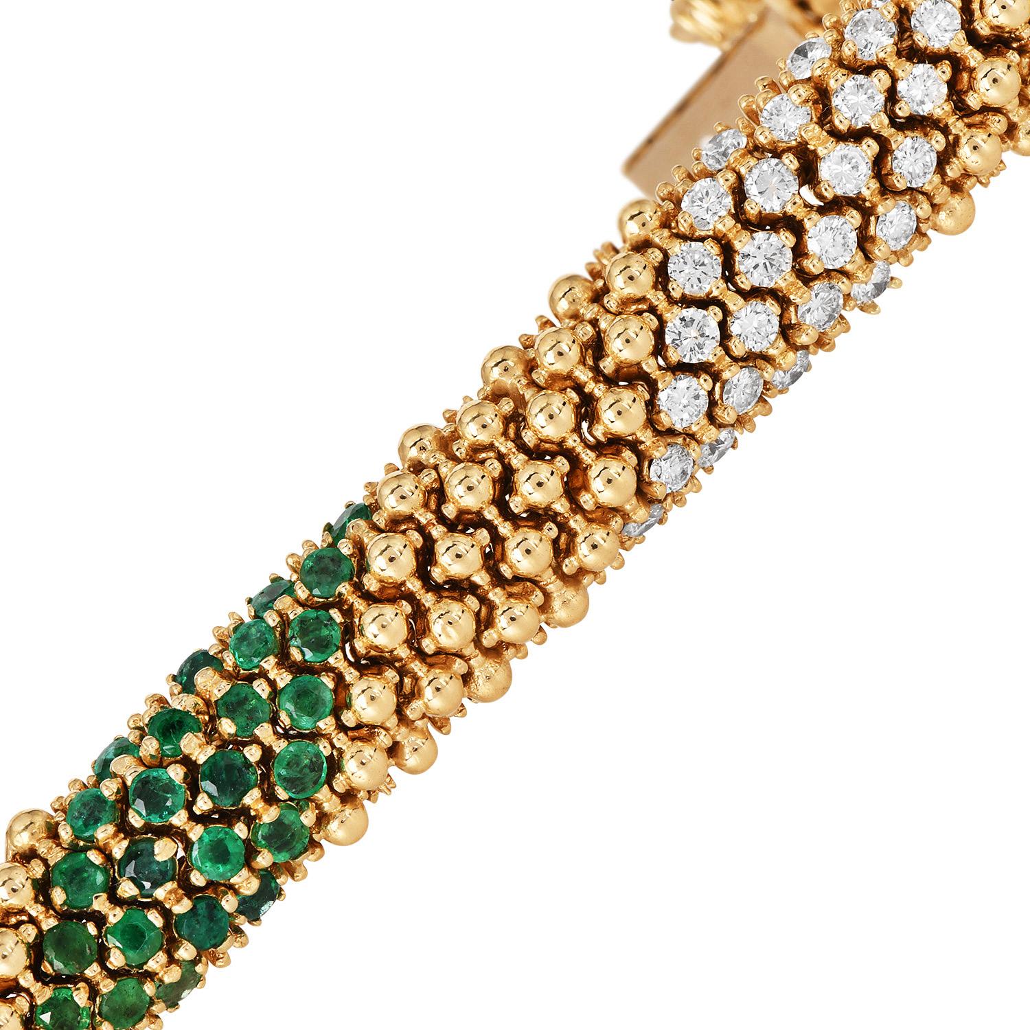 1980SEmeralds 6.35cts Diamonds 18K Gold Beaded Mesh Wrap Bracelet Pour femmes en vente