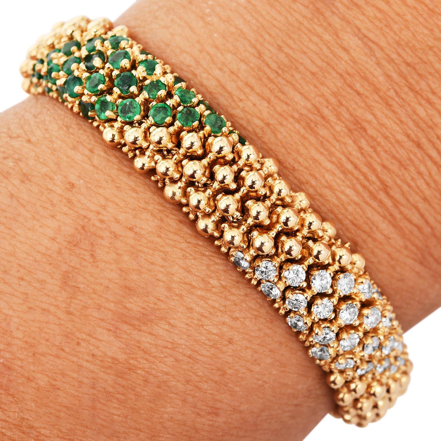 1980SEmeralds 6.35cts Diamonds 18K Gold Beaded Mesh Wrap Bracelet en vente 3