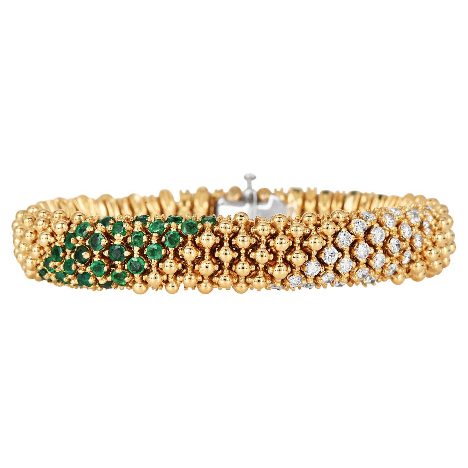 1980SEmeralds 6.35cts Diamonds 18K Gold Beaded Mesh Wrap Bracelet