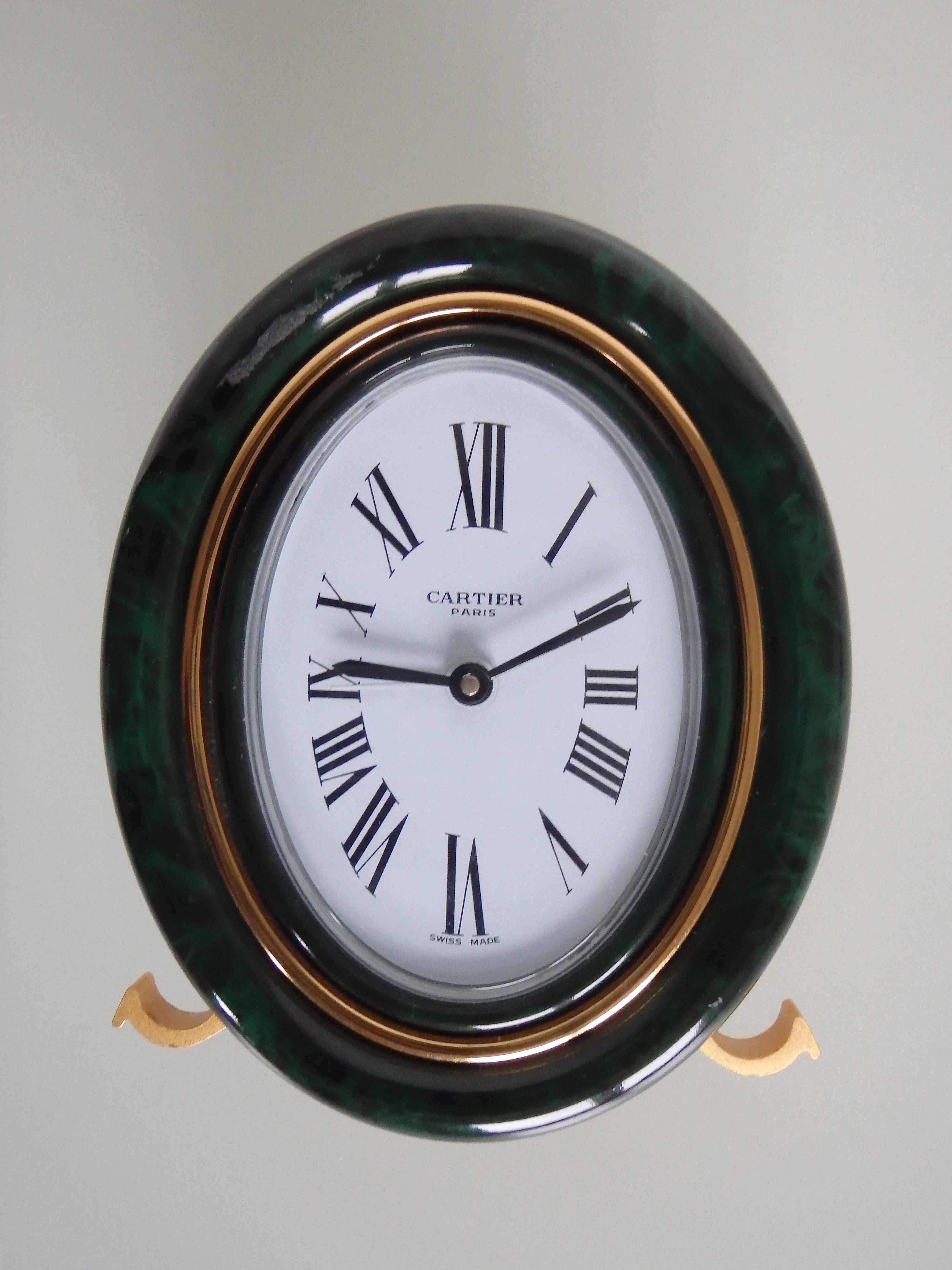 French 1980thies CARTIER table clock with alarm green marbled  enamel  For Sale