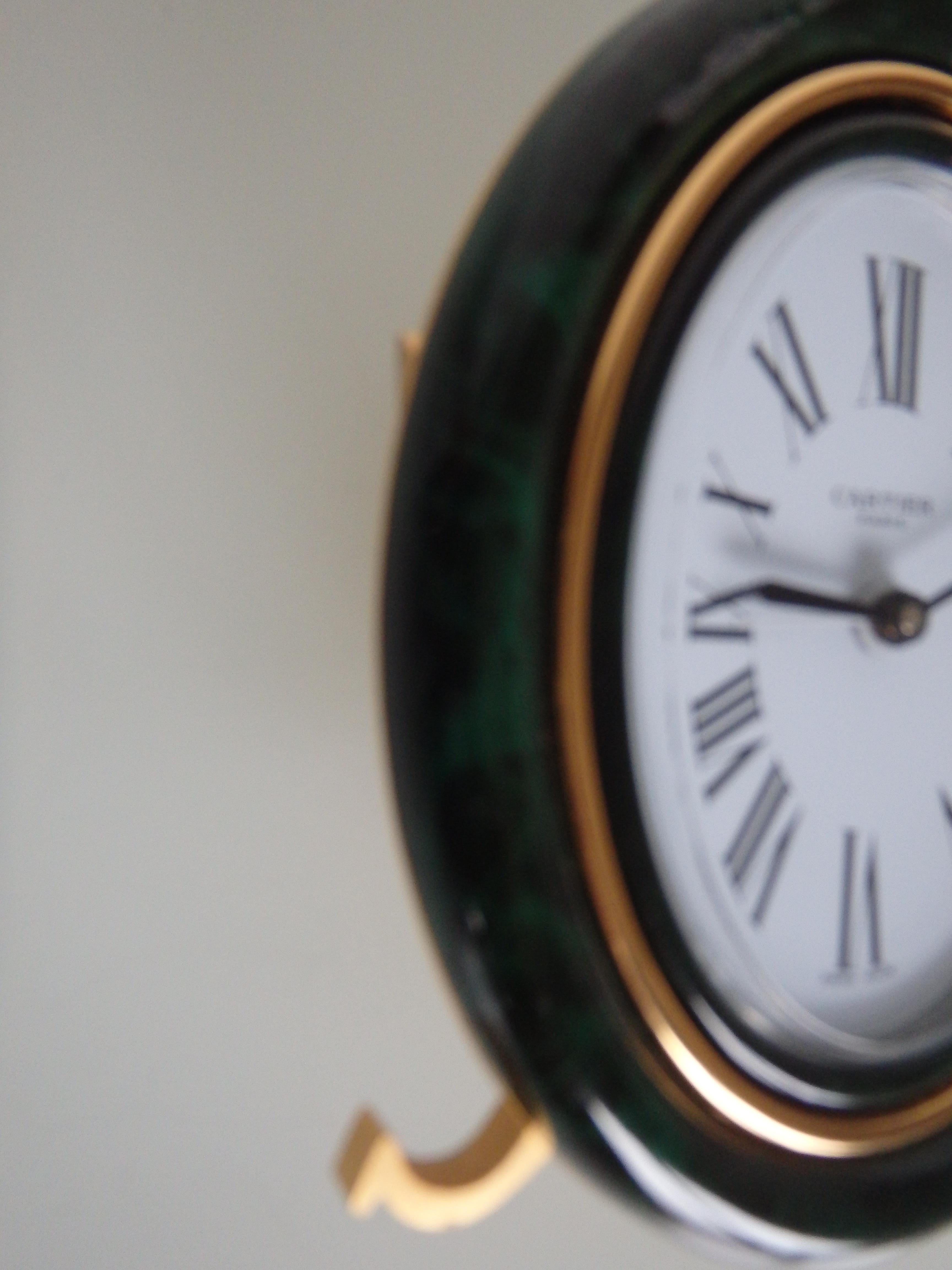 1980thies CARTIER table clock with alarm green marbled  enamel  For Sale 1