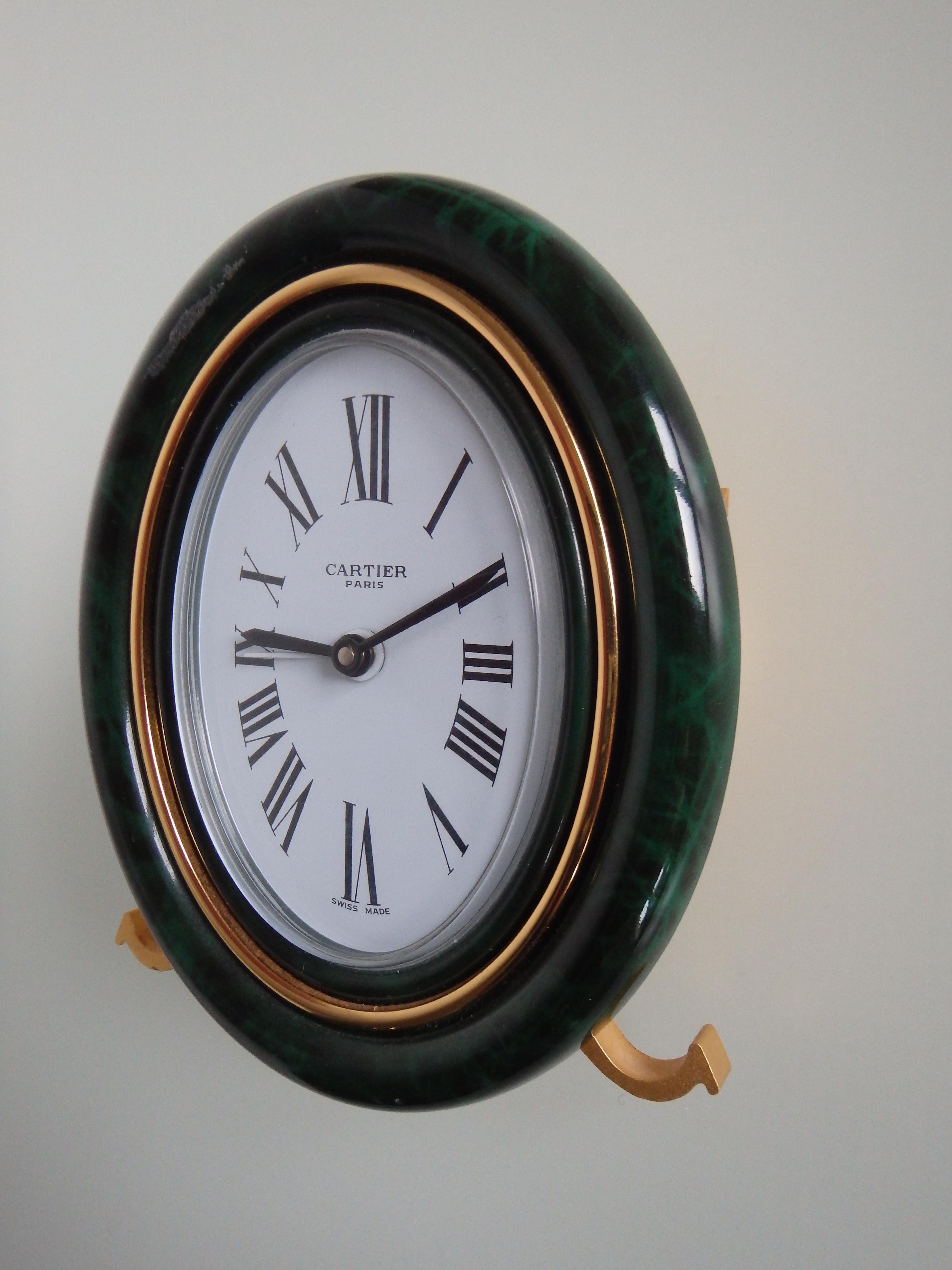 Brass 1980thies CARTIER table clock with alarm green marbled  enamel  For Sale