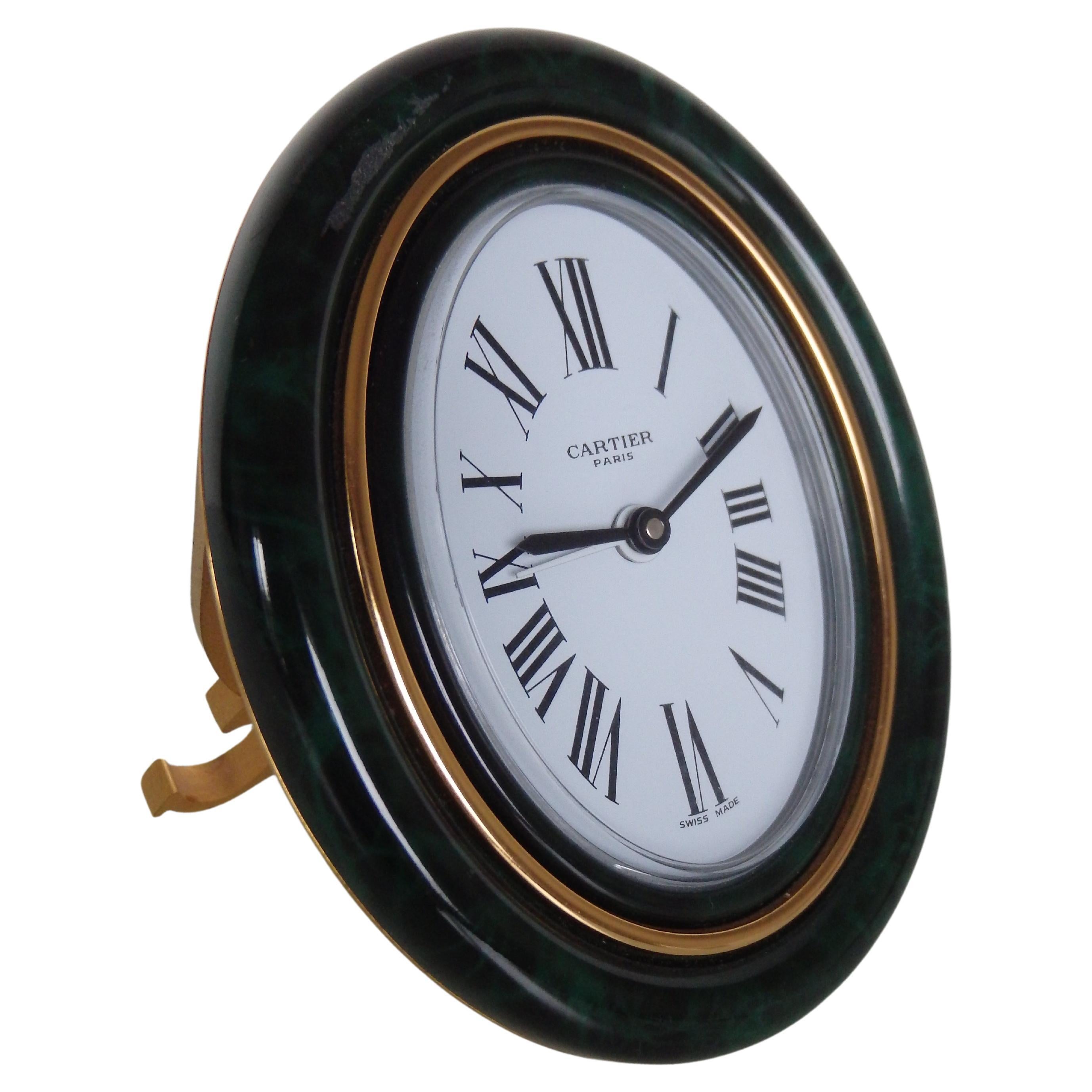 1980thies CARTIER table clock with alarm green marbled  enamel  For Sale