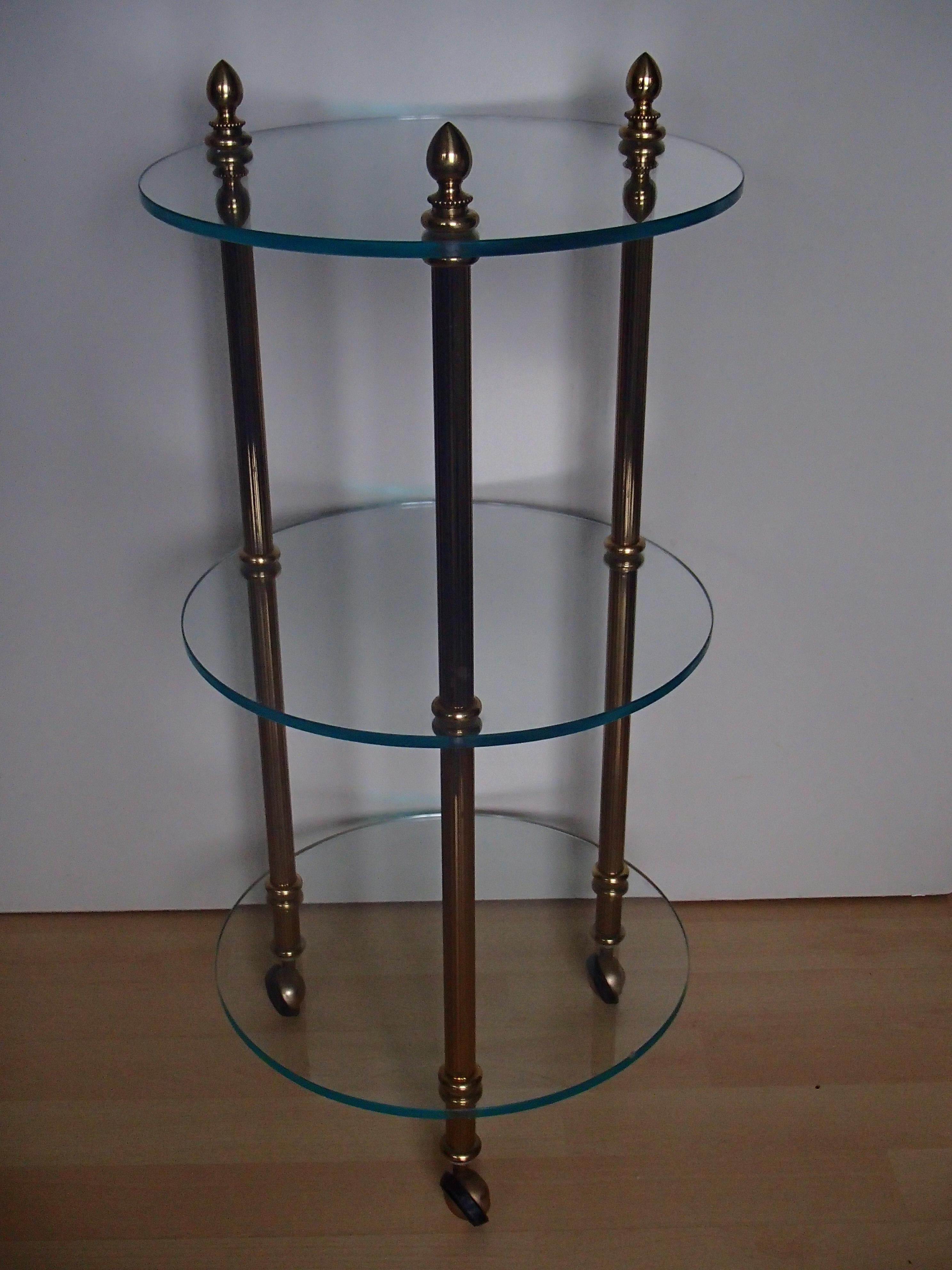 1980 This Small Round 3 Top Trolley Brass and Glass For Sale 4