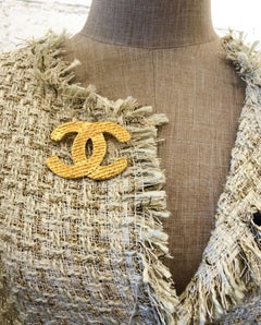 1980s Vintage CHANEL Gold Toned Quilted CC Brooch