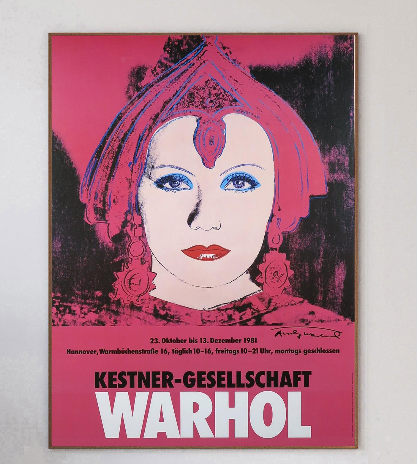 This wonderful poster was created for the Andy Warhol exhibition at the Kestner-Gesellschaft in Hannover, Germany. Running from October to December 1981, the exhibition showcased some of the artists key pieces.

Featuring his iconic portrait of