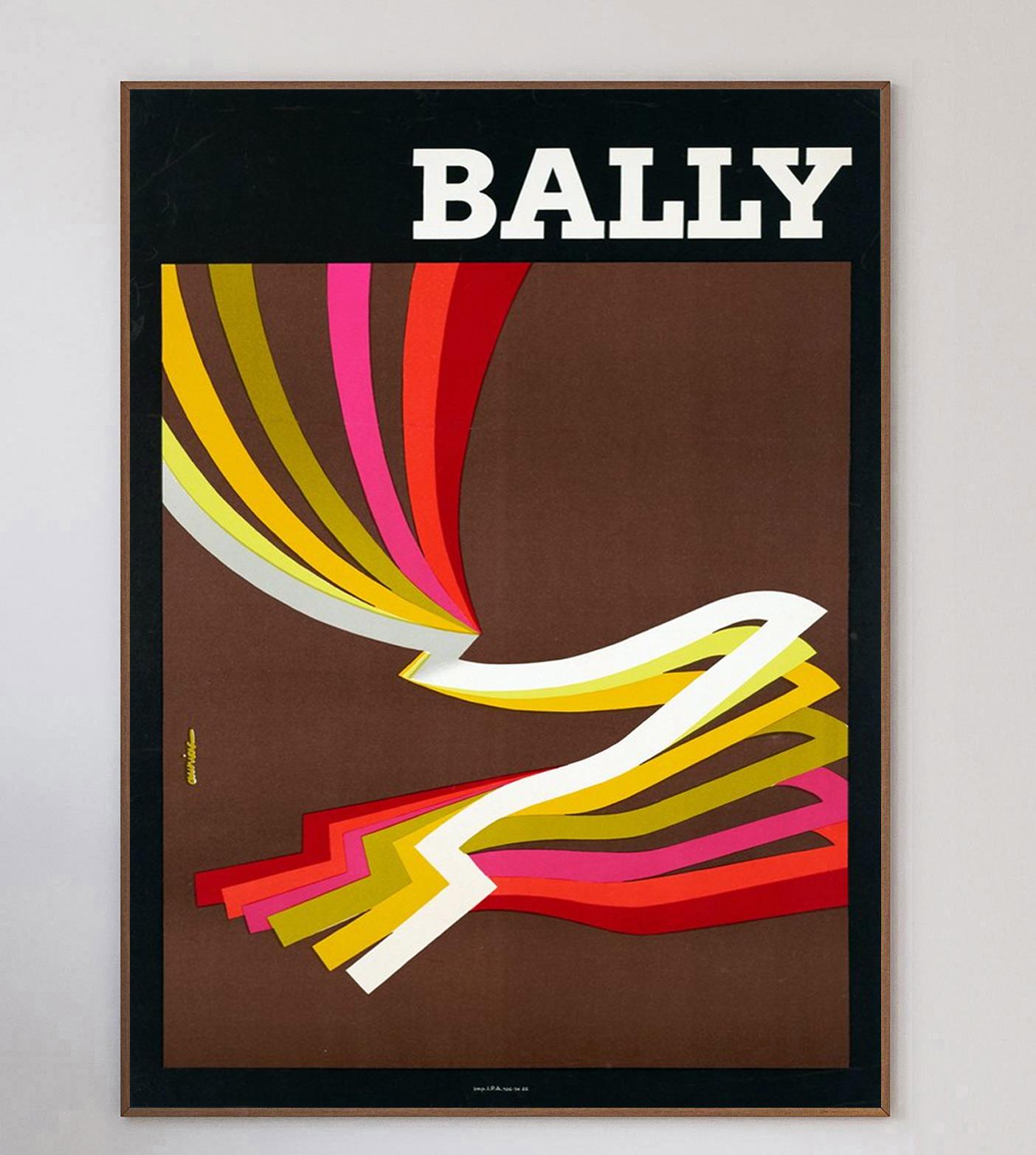 Beautifully designed poster from 1981 advertising the luxury Swiss shoe brand Bally. With artwork from French graphic designer and poster artist Jacques Auriac.

This piece known as 