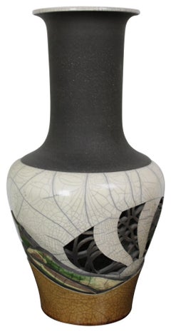1981 Bill Herb Dimensional Raku Pottery Mantel Vase Modern Abstract Reticulated