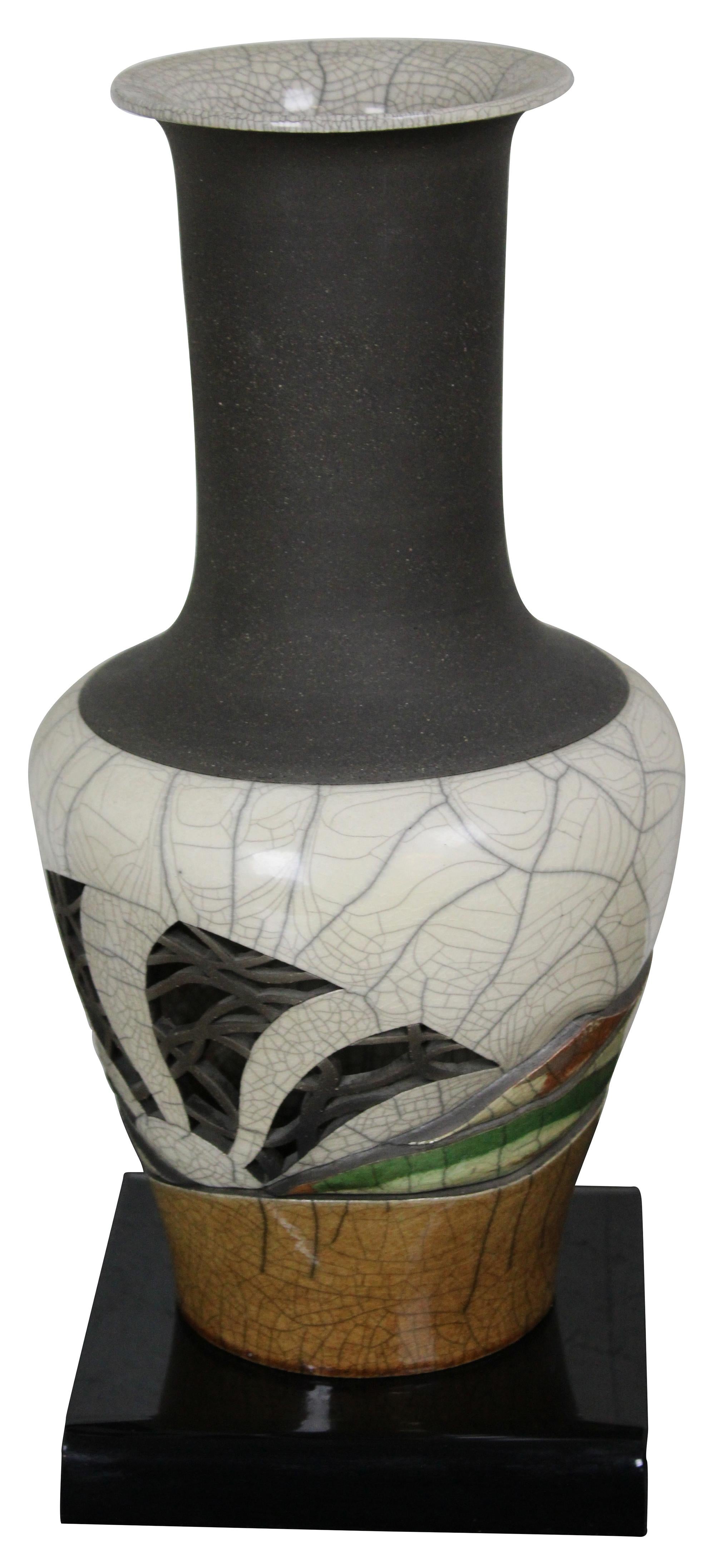 Chinoiserie 1981 Bill Herb Dimensional Raku Pottery Mantel Vase Modern Abstract Reticulated