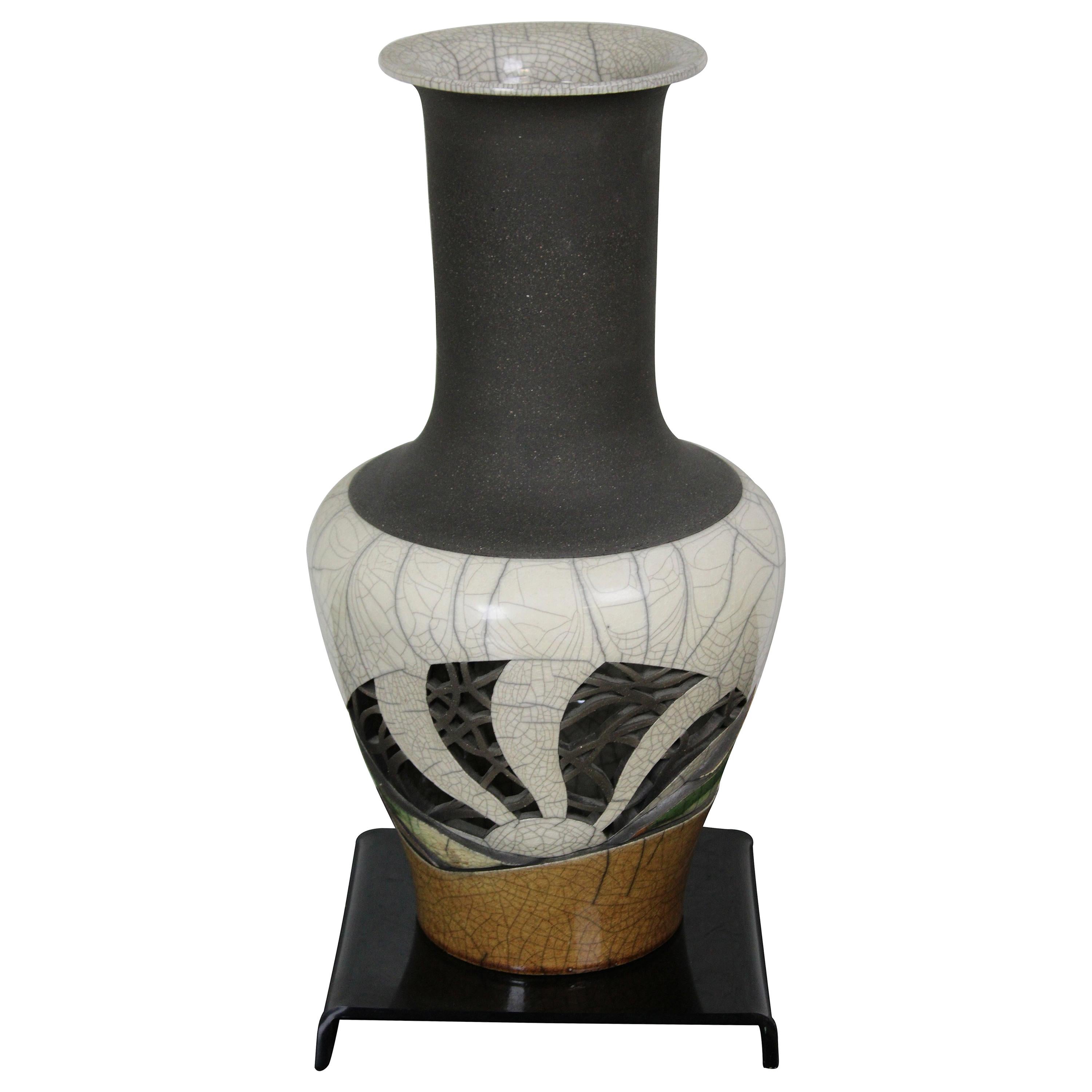 1981 Bill Herb Dimensional Raku Pottery Mantel Vase Modern Abstract Reticulated