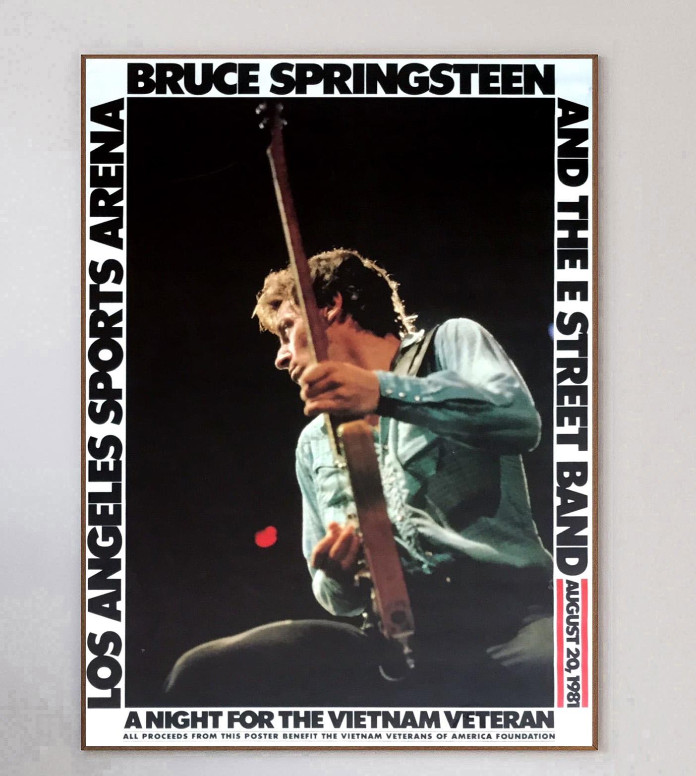 Brilliant poster created in 1981 to promote a special one-off live show of Bruce Springsteen and the E Street Band at the Los Angeles Sports Arena. The show was a benefit gig for the veterans of the Vietnam War and was held on August 20th 1981. The
